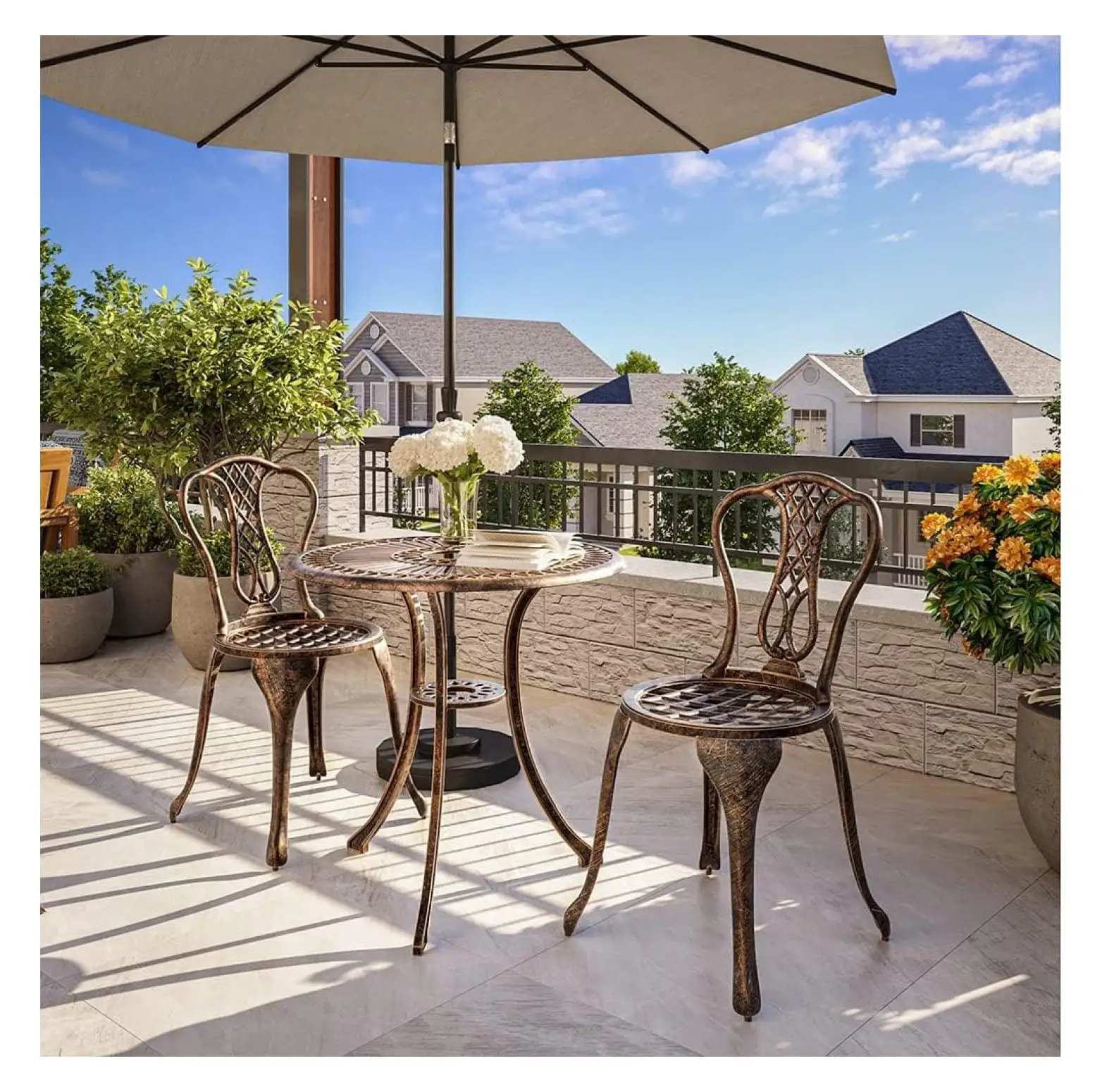 Wension 3 Piece Cast Aluminum Bistro Set. Rust-Resistant Outdoor Patio Metal Bistro Sets Weather Resistant Table and 2 Chairs with Umbrella Hole for Balcony Backyard Garden - Bronze