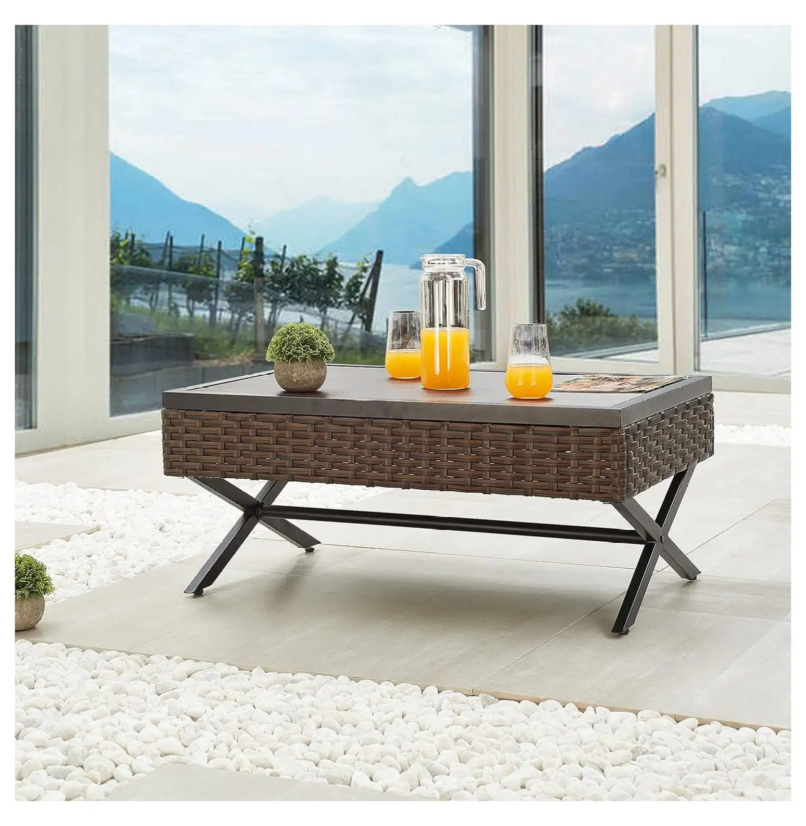 Wension Outdoor Side Wicker Patio Rattan Bistro Furniture Metal Frame End Coffee Tables with X Shaped Steel Legs & Wood Grain Desktop. Brown