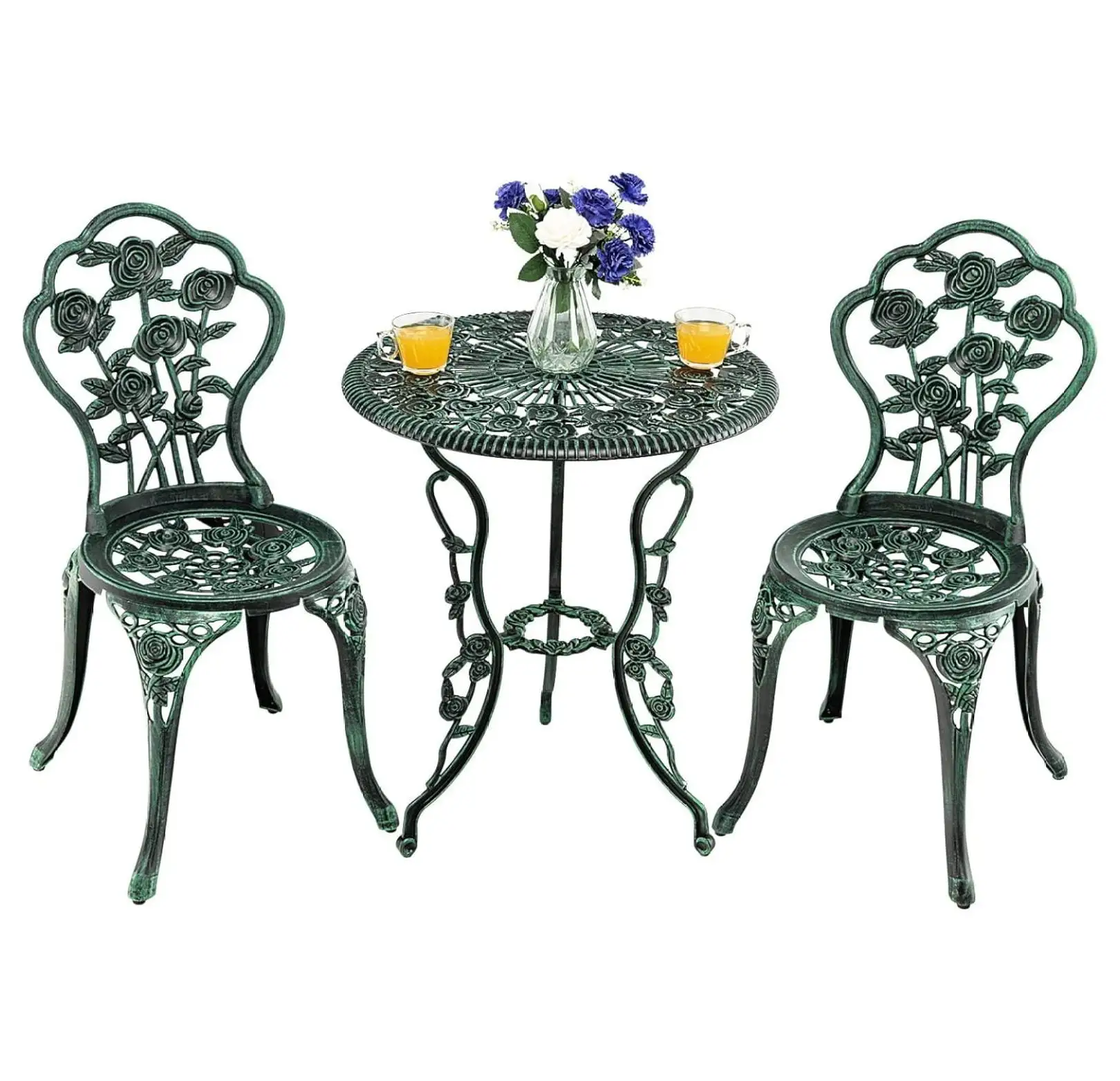 Werqueid 3-Piece Outdoor Bistro Set Rust-Resistant Cast Aluminum Table and Chairs with Rose Pattern. Outdoor Furniture Set with 1.9 Umbrella Hole for Balcony Backyard Garden Deck