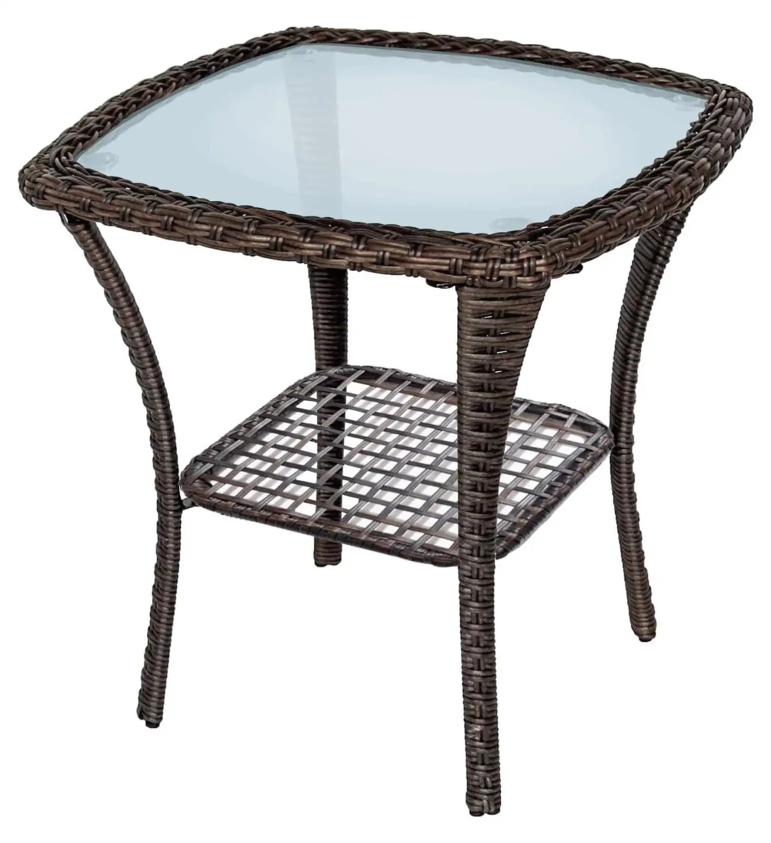 Werqueid Outdoor Side Table. Indoor Outdoor Glass Top Wicker Coffee Bistro Table. All-Weather Patio Square Storage End Table. Aluminum Frame. 20''x 20''x20''