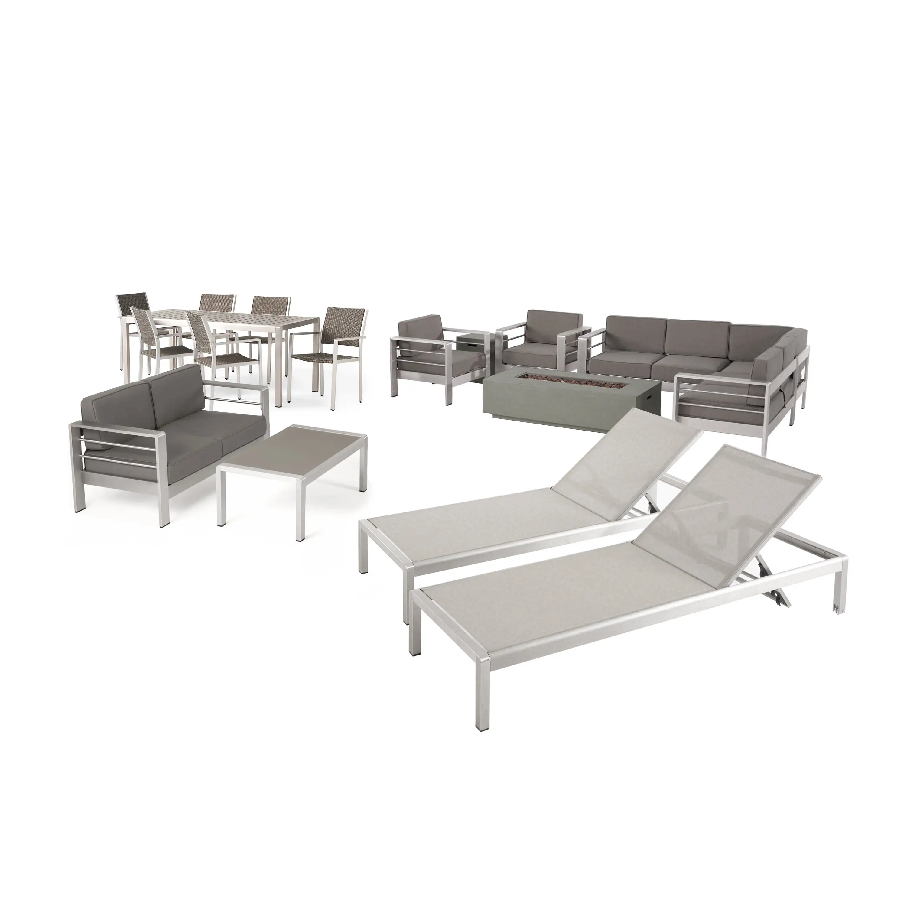 West Coral Outdoor 18 Piece Aluminum Estate Collection with Fire Pit. Silver. Gray. and Light Gray