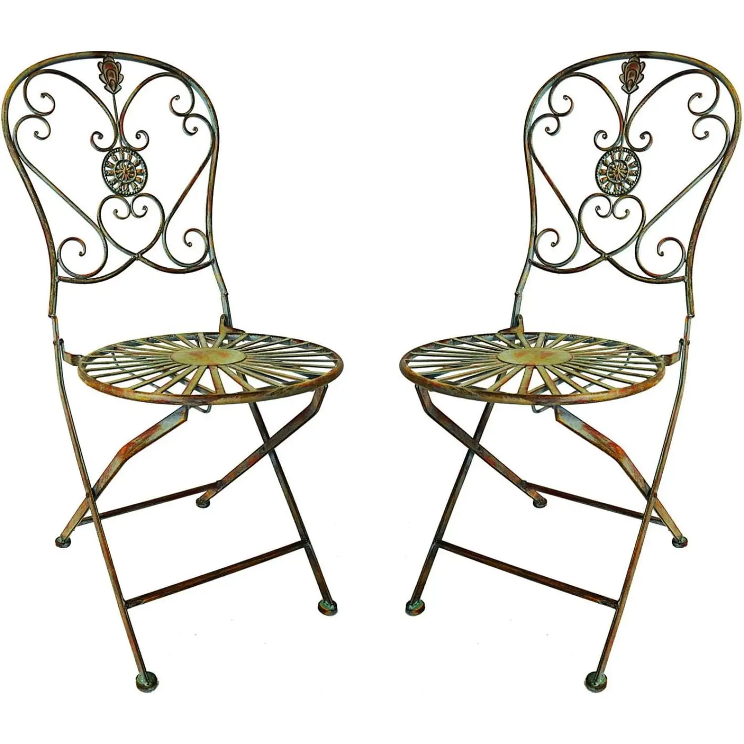 Westcharm Folding Metal Bistro Outdoor Chair for Outside Patio with Peacock Tail Motif. Set of 2