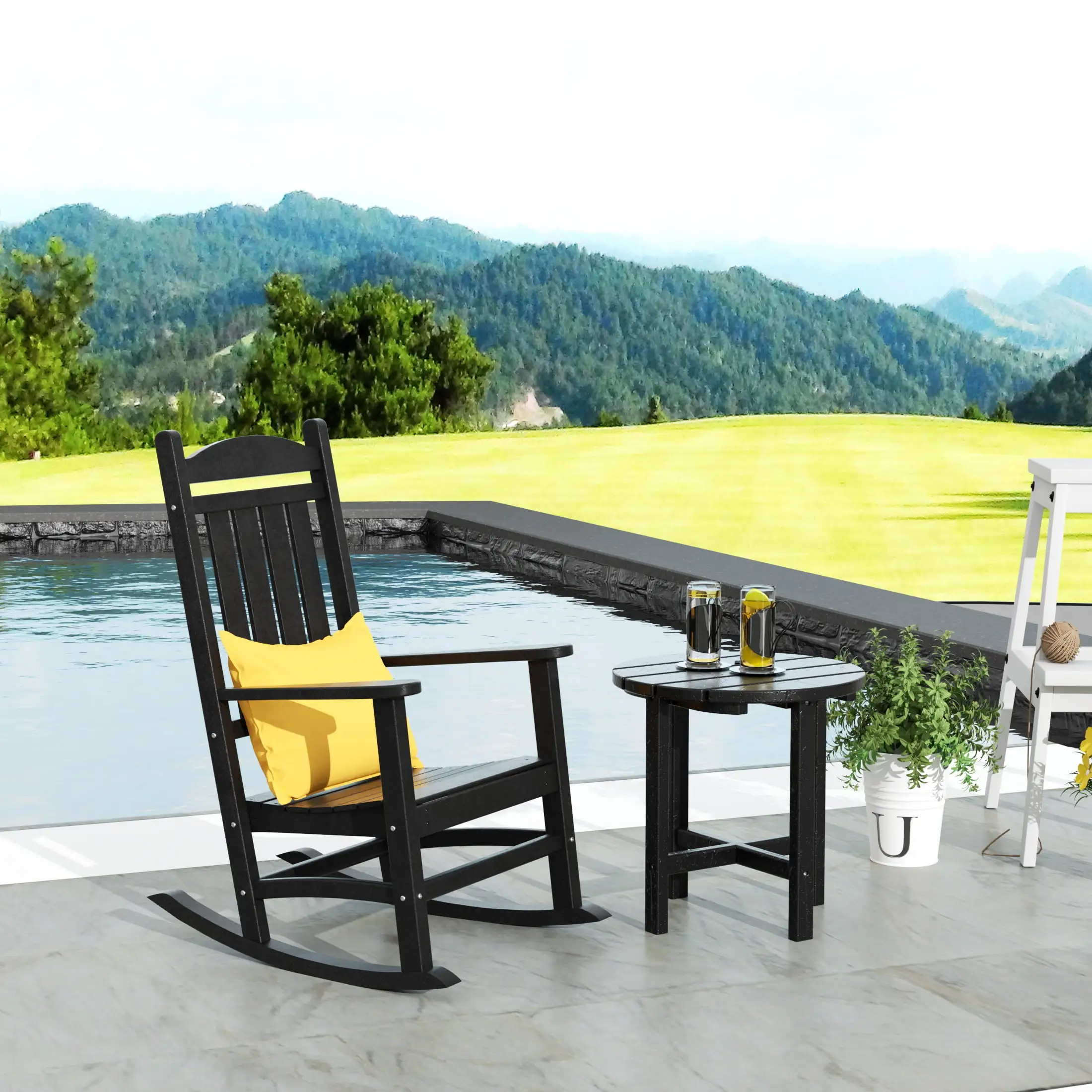 WestinTrends 2-Pieces Set Outdoor Rocking Chair w/ Round Side Table Included. Black