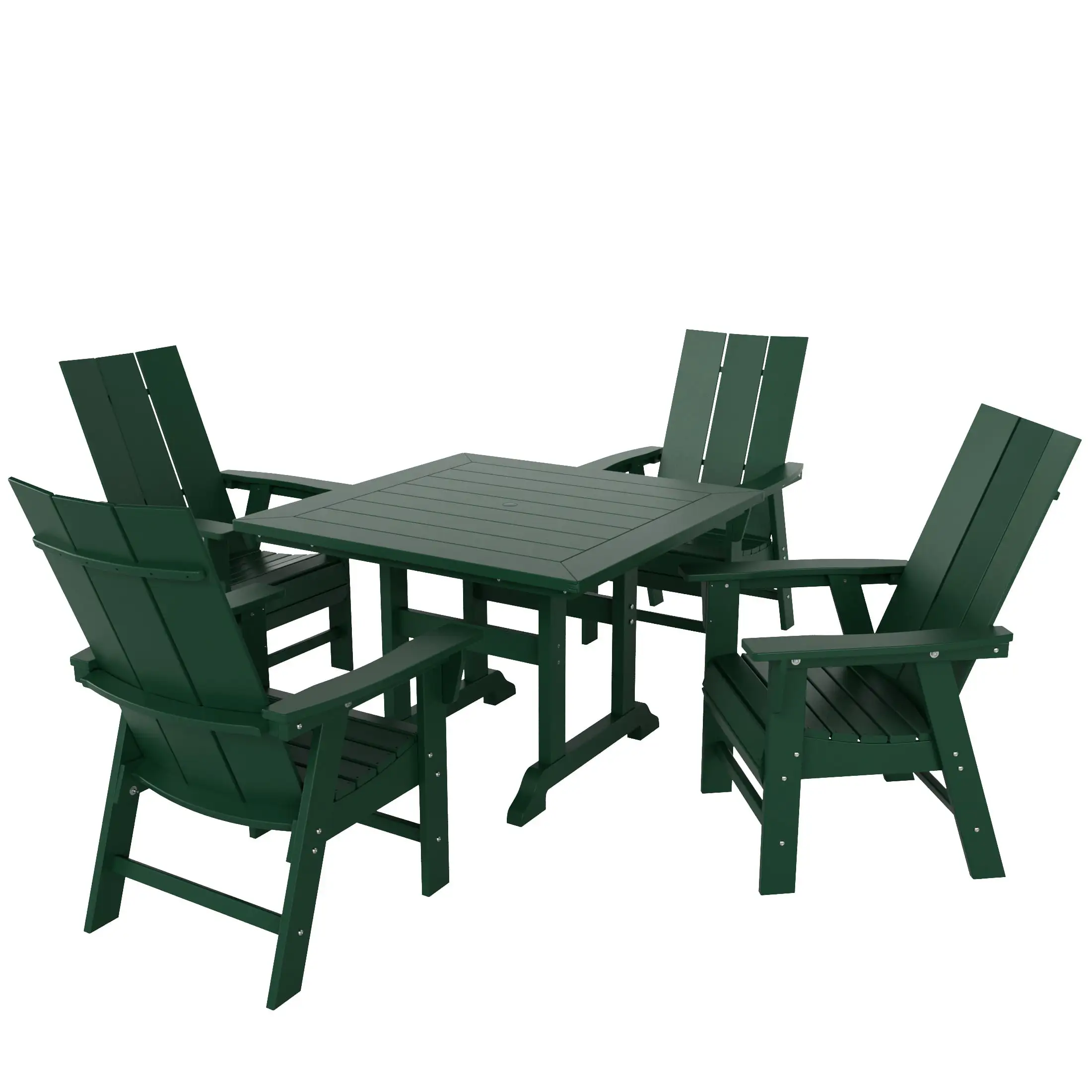 WestinTrends Ashore 5 Pieces Adirondack Patio Dining Set. All Weather Poly Lumber Slatted Modern Farmhouse Outdoor Furniture Set. 43 Trestle Square Table and 4 Adirondack Dining Chair. Dark Green