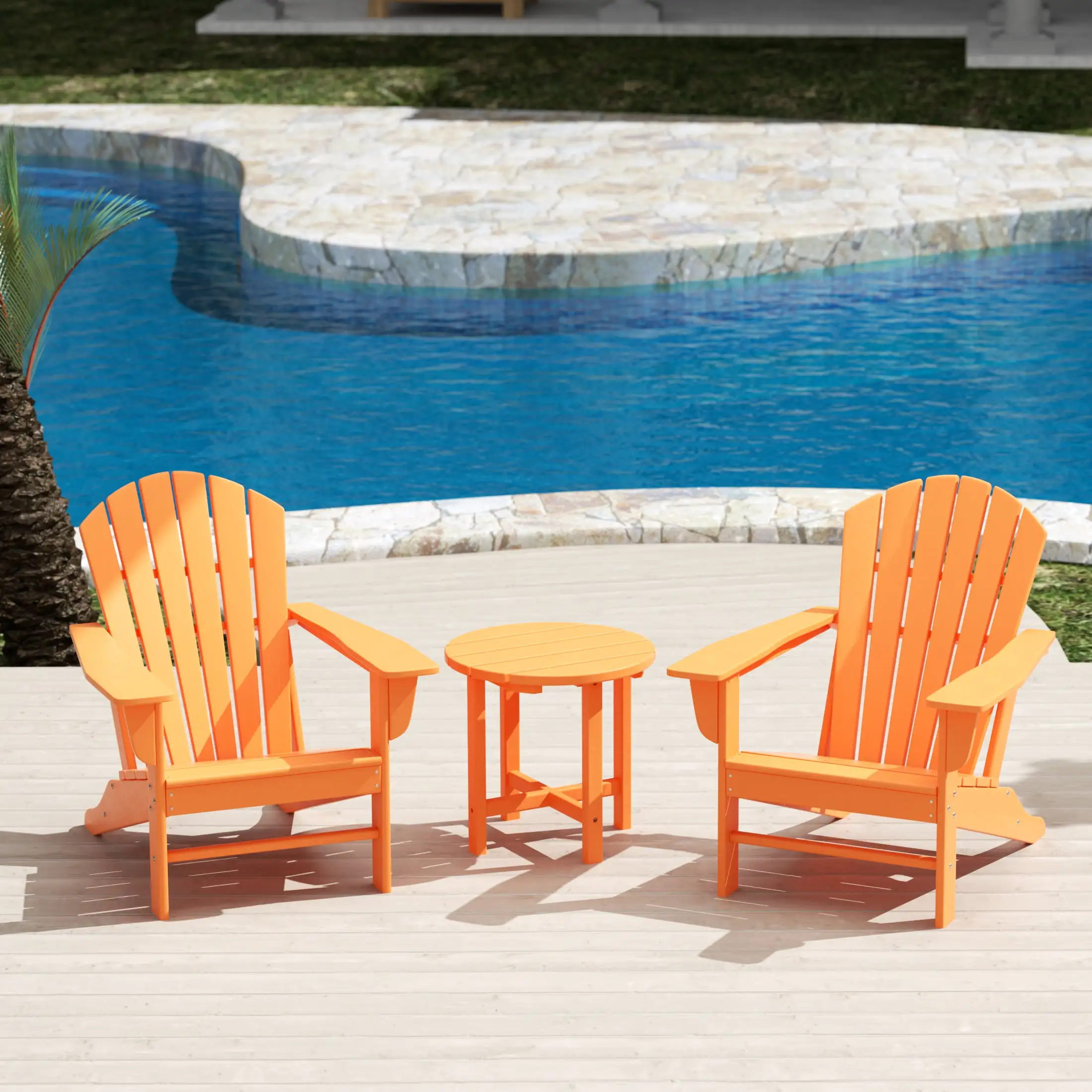 WestinTrends Dylan Adirondack Chairs Set of 2 with Side Table. All Weather Poly Lumber Outdoor Seating Patio Conversation Bistro Set. Seashell Curved Slat Backrest. Orange