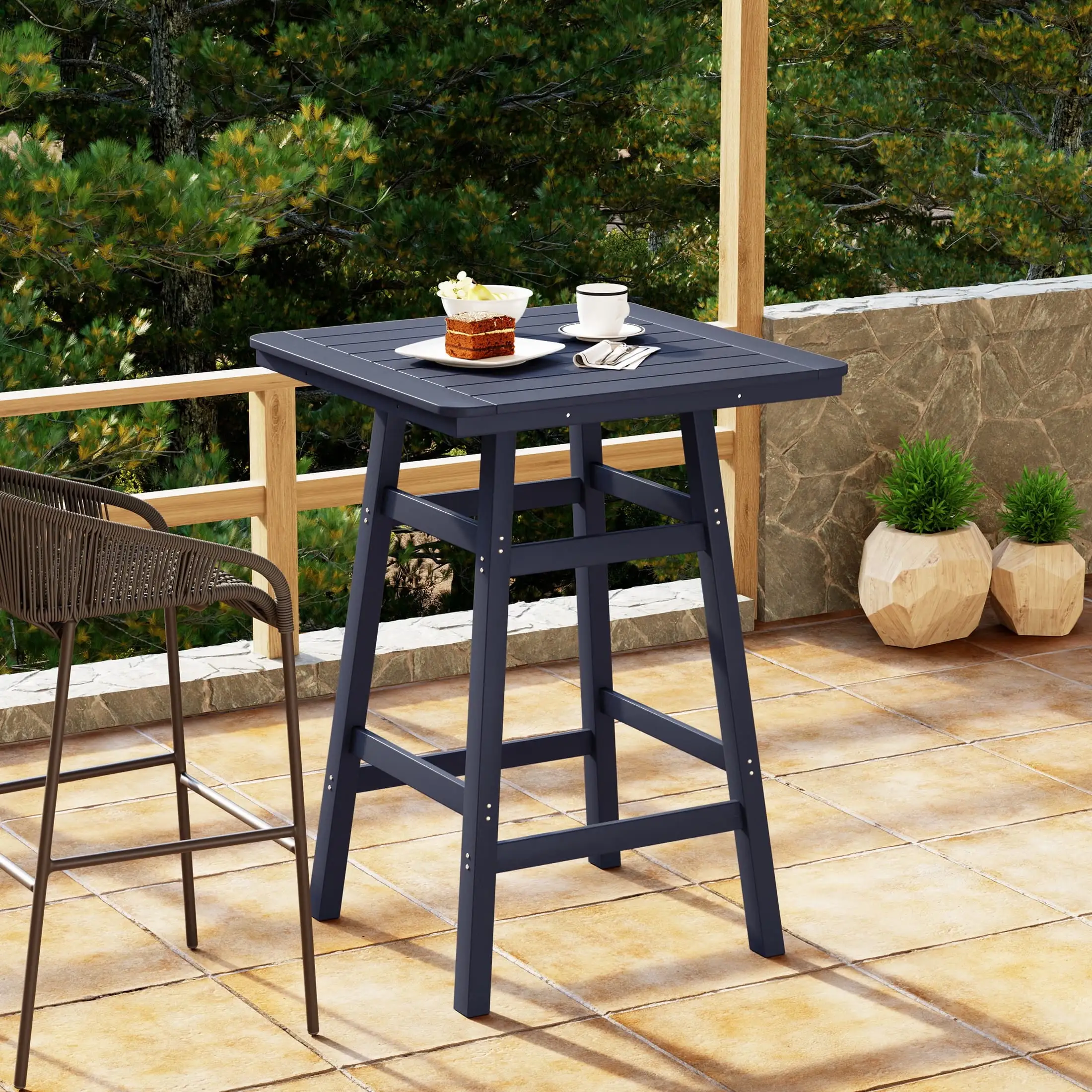 WestinTrends Square Outdoor Patio Bistro Bar Table With Umbrella Hole. Navy Blue