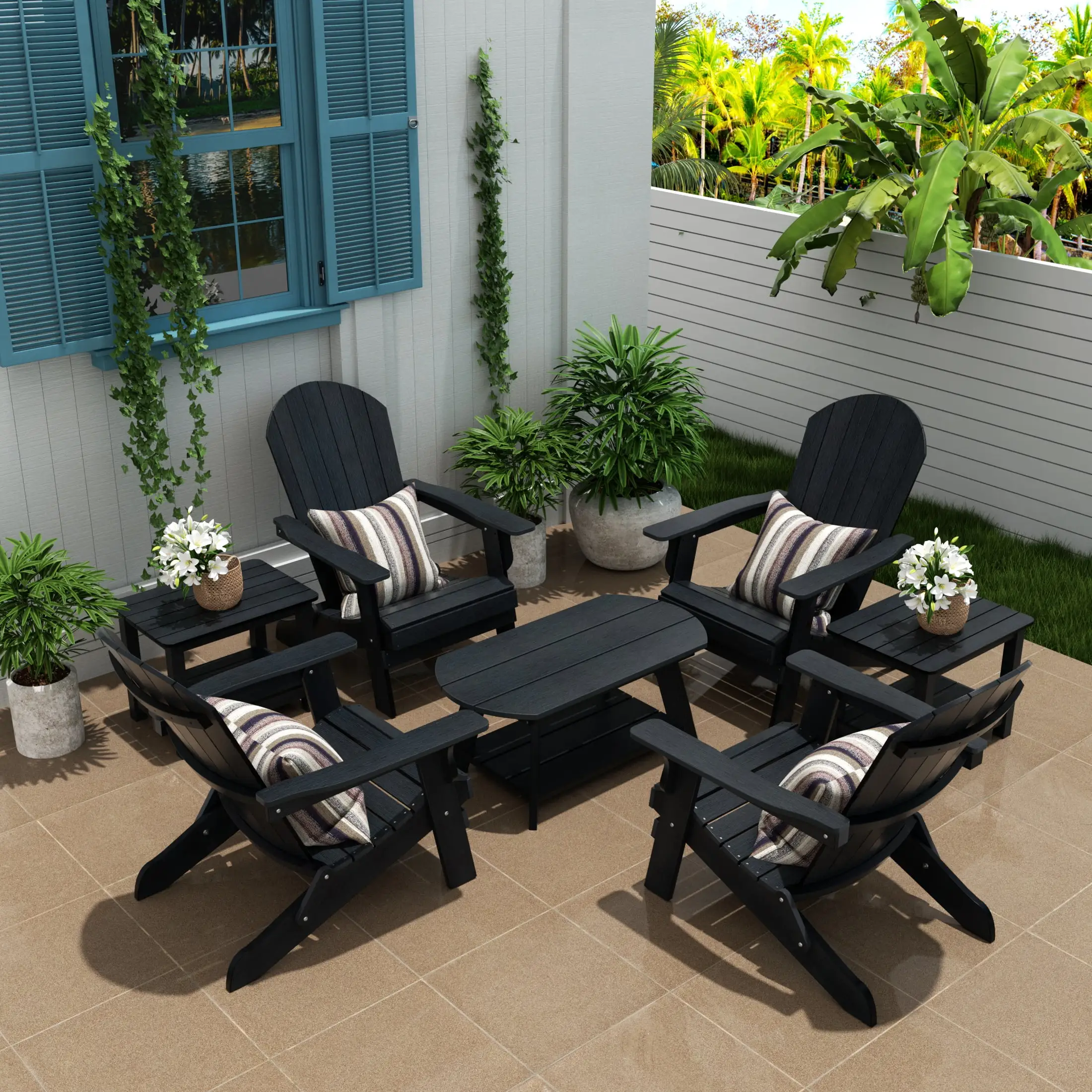 WestinTrends Tuscany 7-Piece HIPS Outdoor Poly Adirondack Seashell Conversation Lounge Set. Black