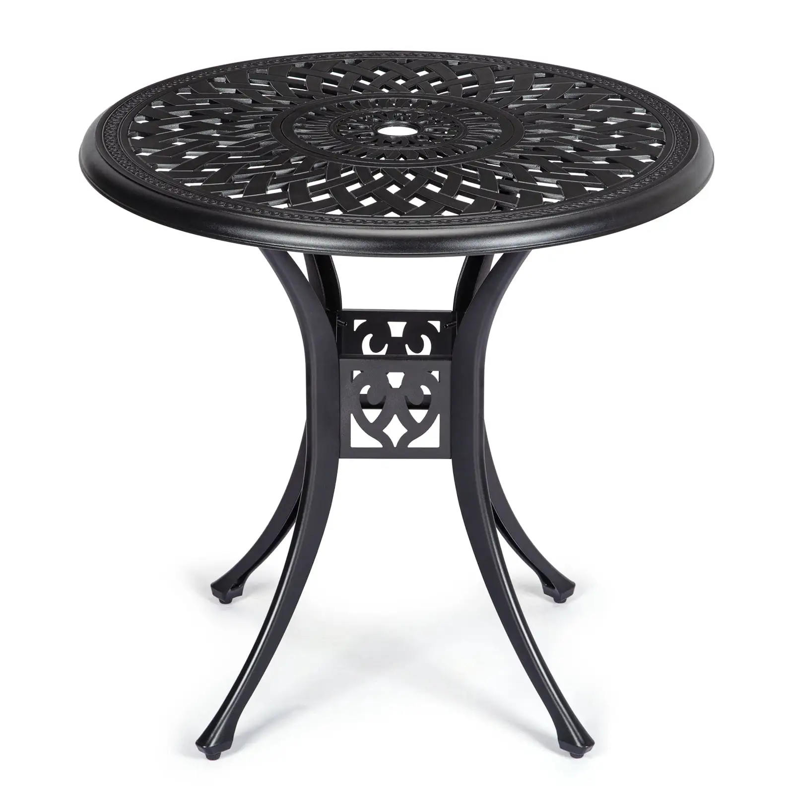 WhizMax Patio Bistro Table. Cast Aluminum Round Outdoor Table. Bistro Table with Umbrella Hole. for Poolside. Deck. Porch. Backyard. Garden. Balcony. Dia 30.25 x H 29.5. Black