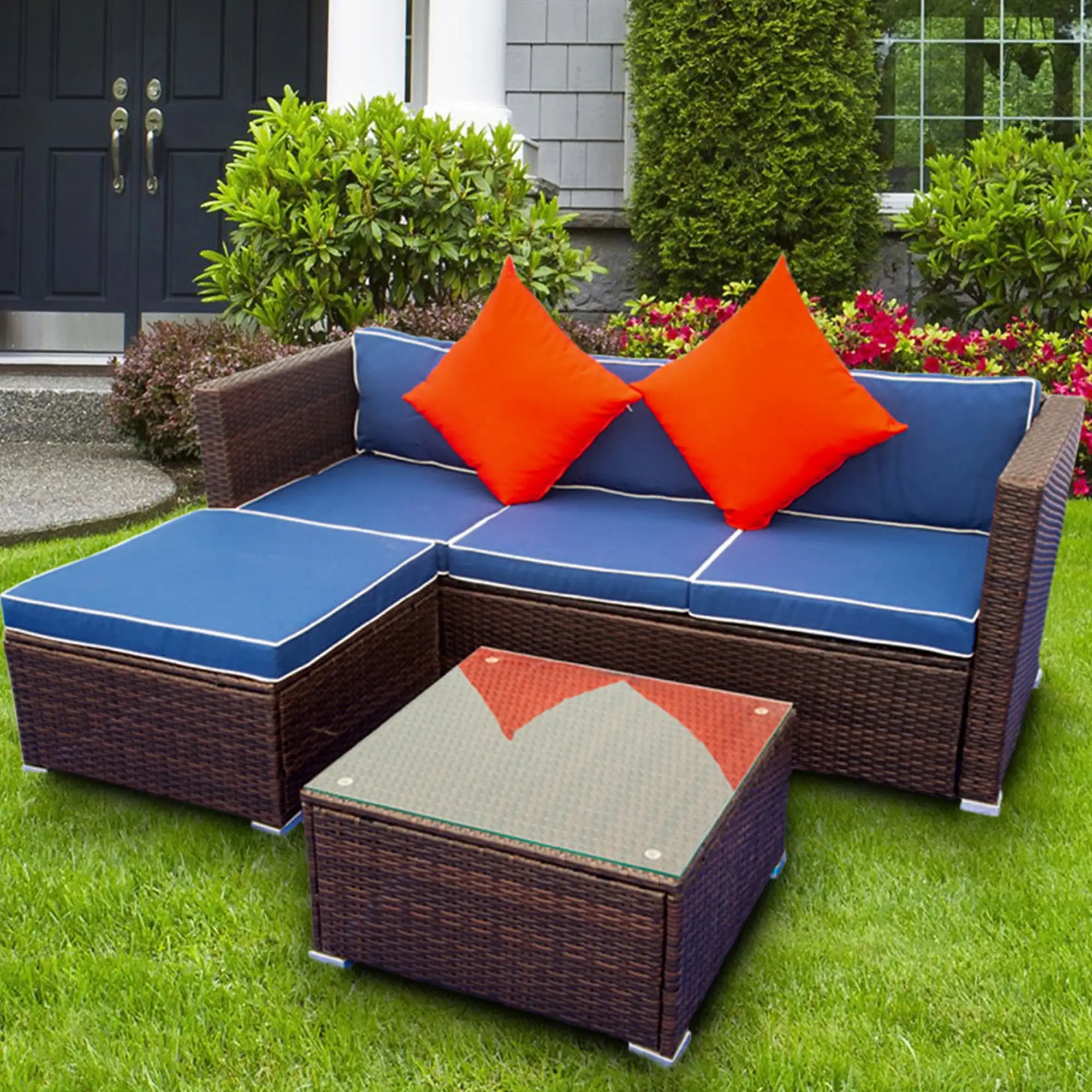 Wicker Bistro Patio Sets. Outdoor Rattan Patio Sofa Furniture. Sectional Sofa Sets w/ 3-Seating Sofa. 1 Ottoman&Coffee Table. Outdoor Conversation Sets for Backyard Lawn Pool. Blue. W10973