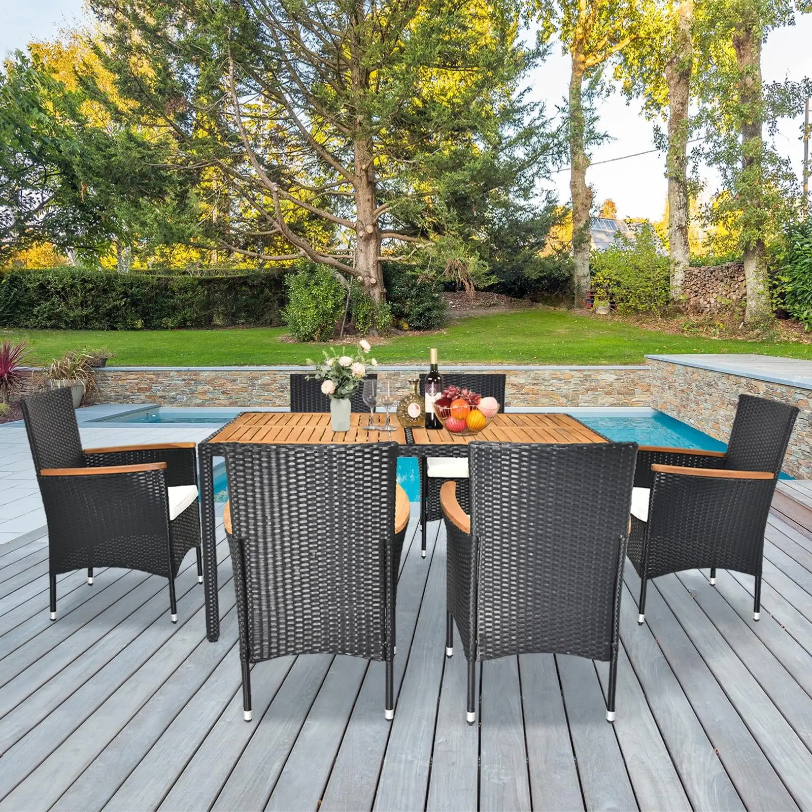 Wicker Patio Dining Set. 7PCS Outdoor Rattan Table & Chairs Set with Wooden Top & Padded Cushions. Deck Furniture Dining Table Set. Garden Porch Backyard Sectional Conversation Set