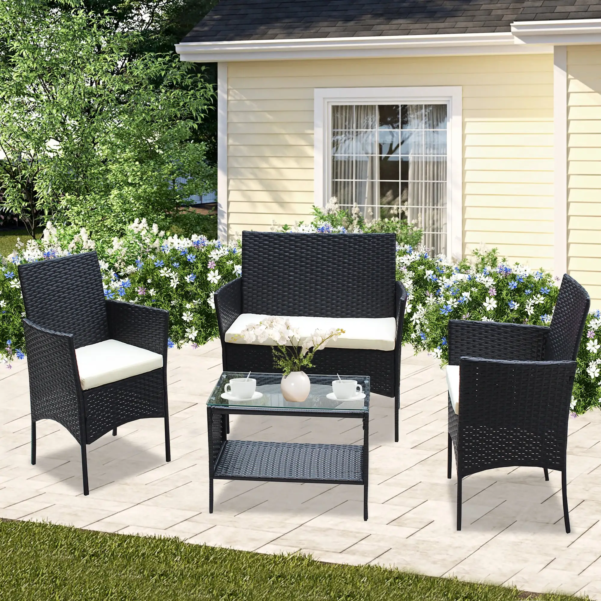 Wicker Patio Sets. 4 Piece Outdoor Conversation Set With Glass Dining Table. Loveseat & 3 Cushioned Chairs. Modern Patio Furniture Sets with Coffee Table for Yard. Porch. Garden. Poolside