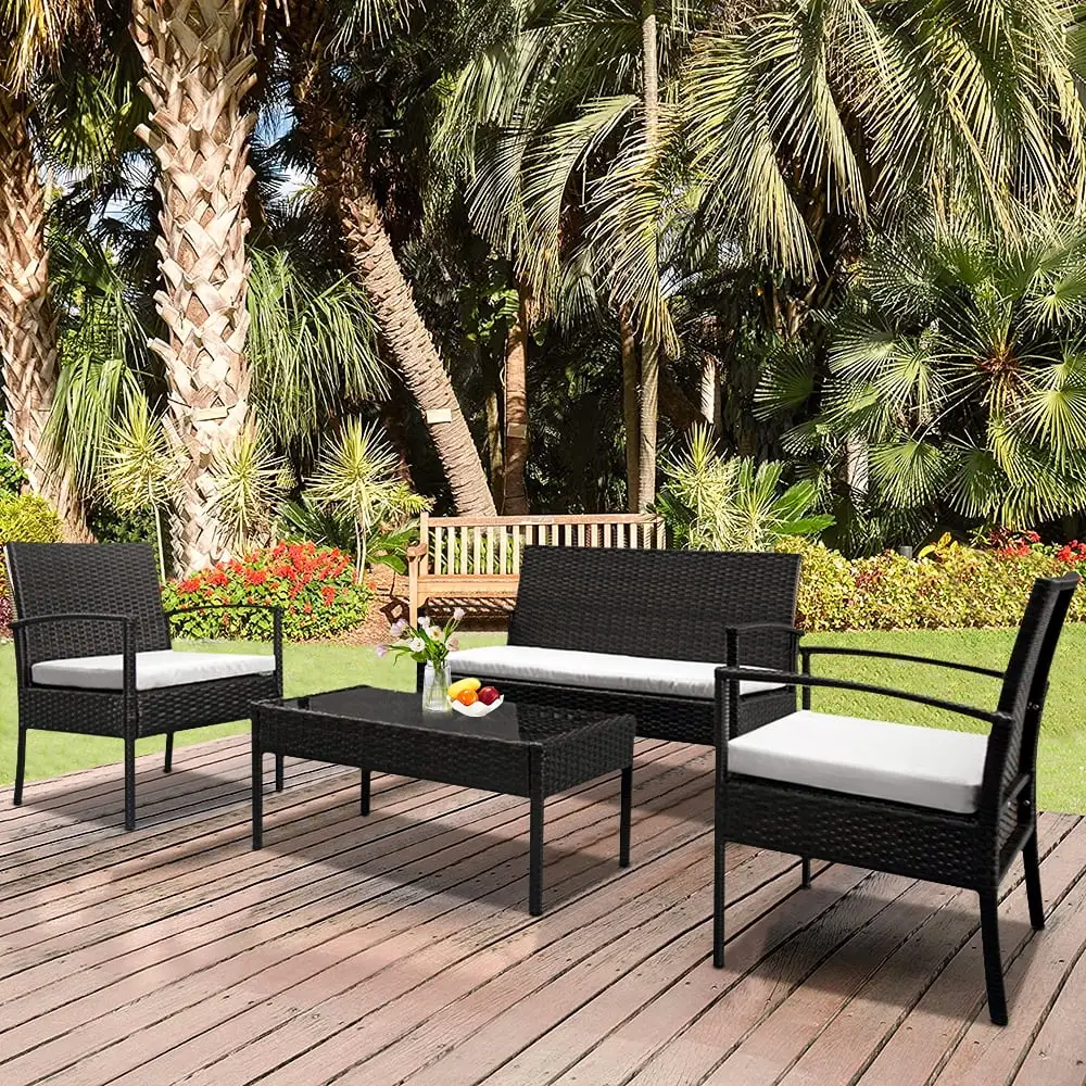 Wicker Patio Sets on Clearance. 4 Piece Outdoor Conversation Set with Wicker Chairs. Glass Dining Table. Loveseat Sofa. Modern PE Rattan Patio Furniture Sets with Cushions for Yard. Porch. Garden