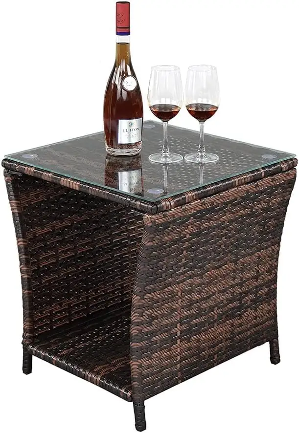 Wicker Rattan Side Table Patio Table Outdoor Square Tempered Glass Top with Storage