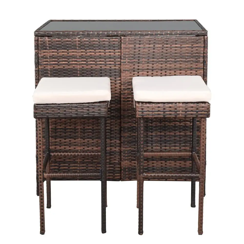 Winado 3PCS Outdoor Brown Wicker Bar Set with Stools and Glass Top Table. Wicker Bar Stools with Cushion. Patio Conversation Set. Brown