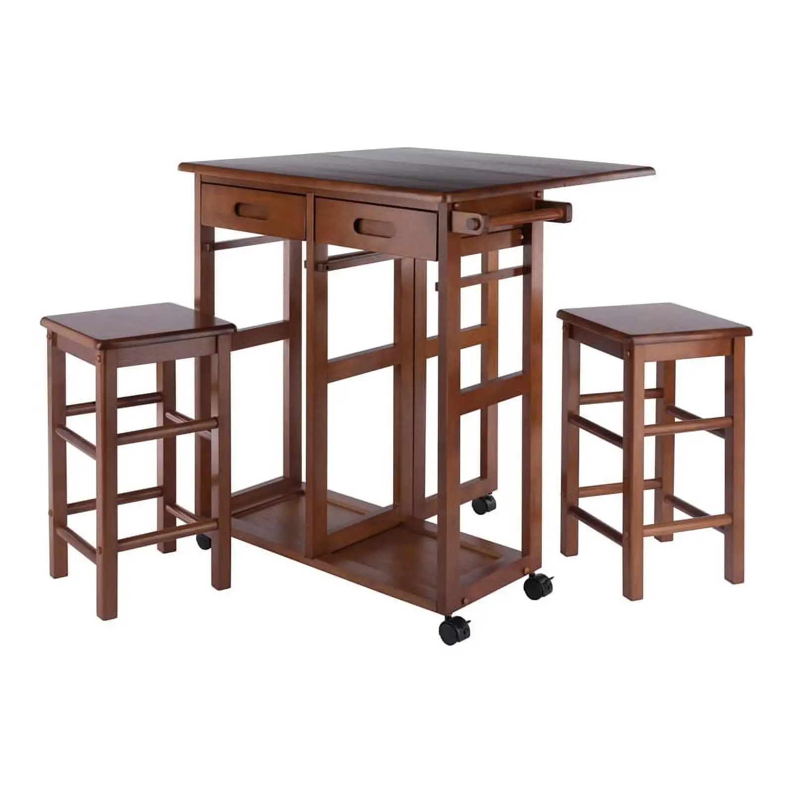 Winsome Suzanne Space Saver Solid Wood Dinette Set with 2 Square Stool in Teak