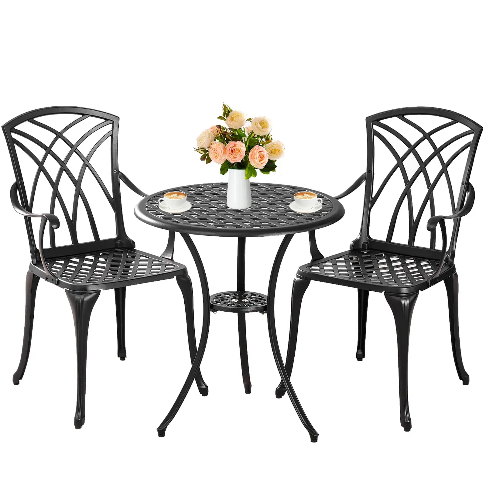 Withniture 3-Piece Cast Aluminum Patio Bistro Furniture Set. Patio Bistro Set with Umbrella Hole Rust-Resistant Outdoor Bistro Set. Black