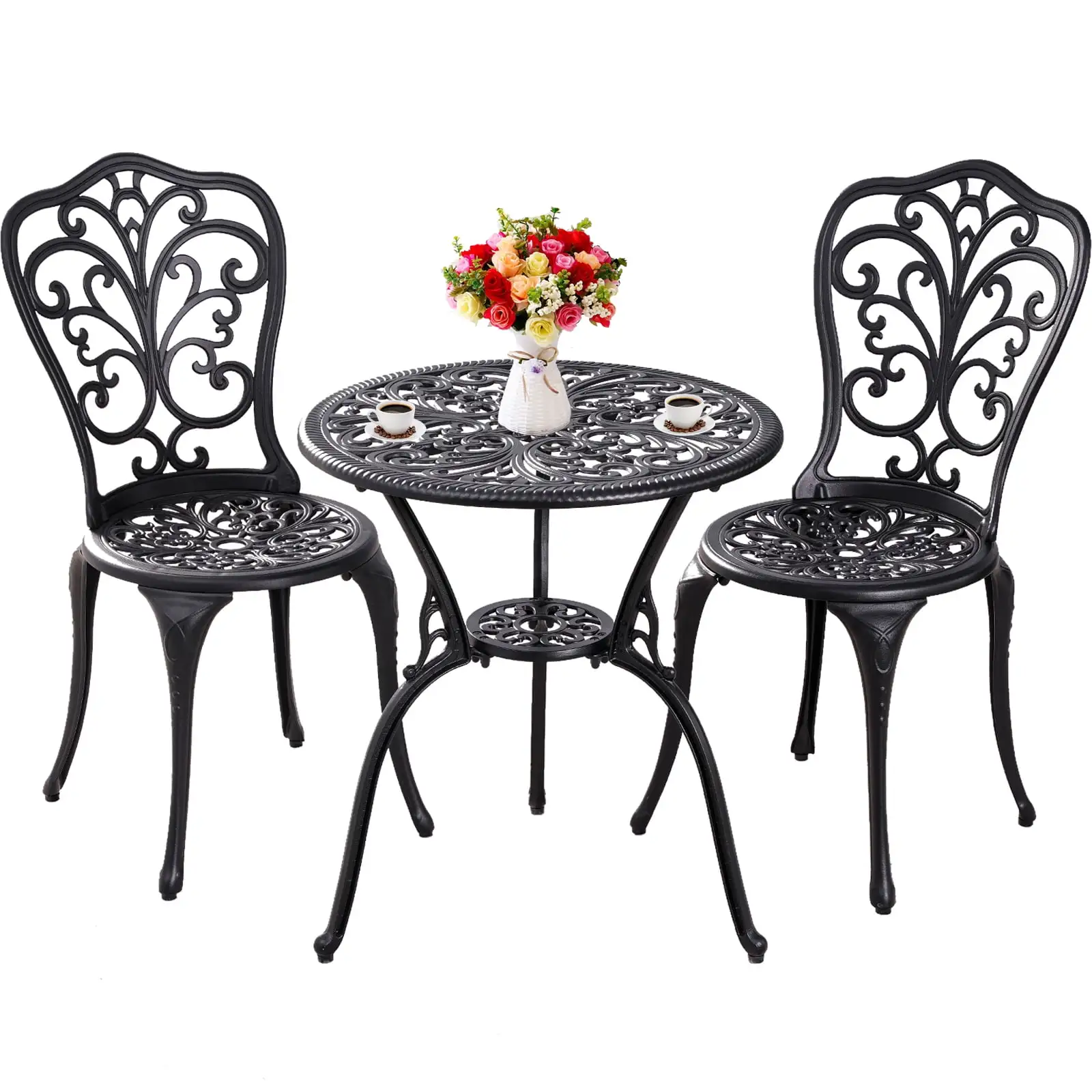 Withniture 3 Piece Outdoor Bistro Set. All Weather Cast Aluminum Patio Dining Table and Chairs with 2 Umbrella Hole. Black