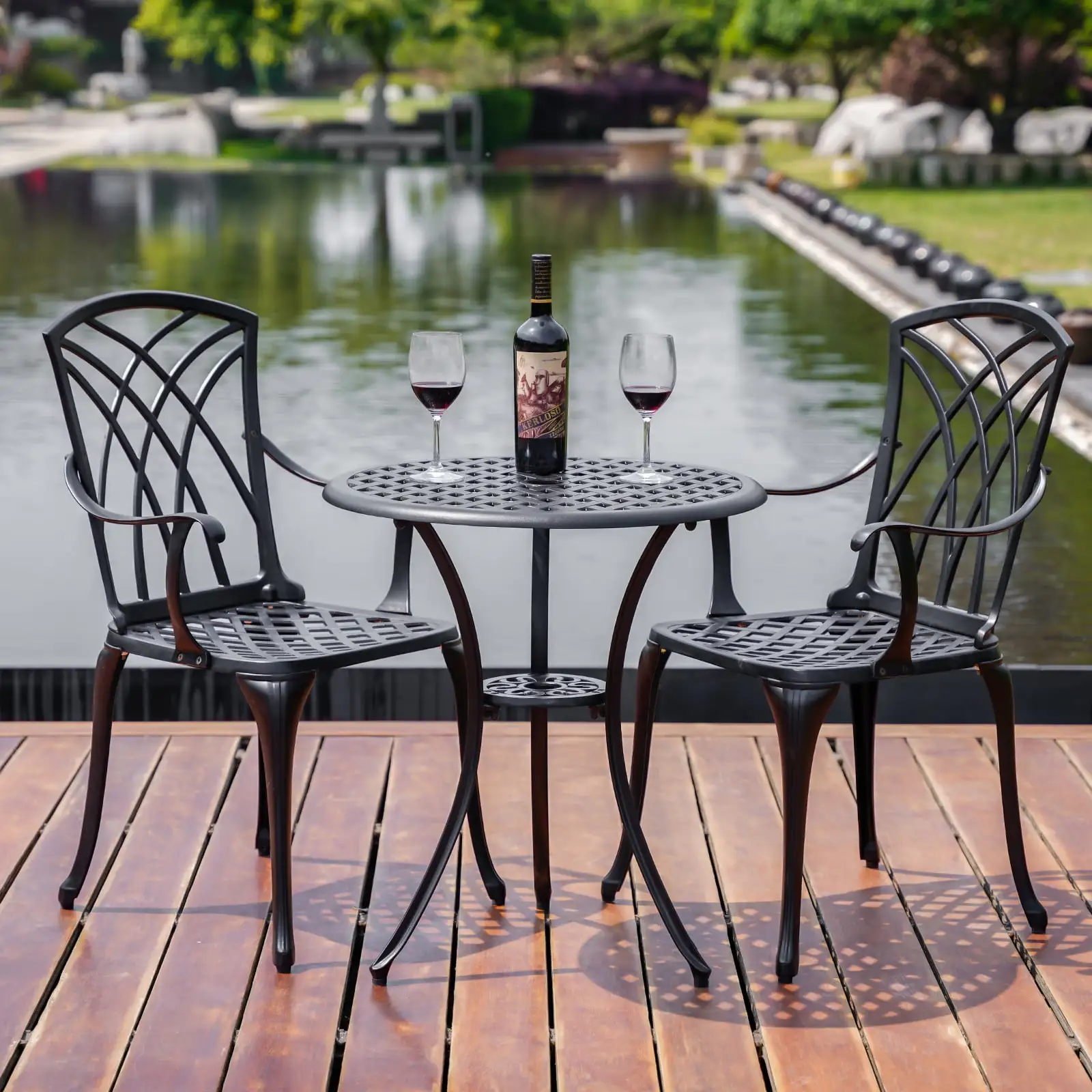 Withniture 3 Piece Patio Bistro Set Cast Aluminum Bistro Table Set Outdoor Patio Furniture with Umbrella Hole for Patio Balcony. Black