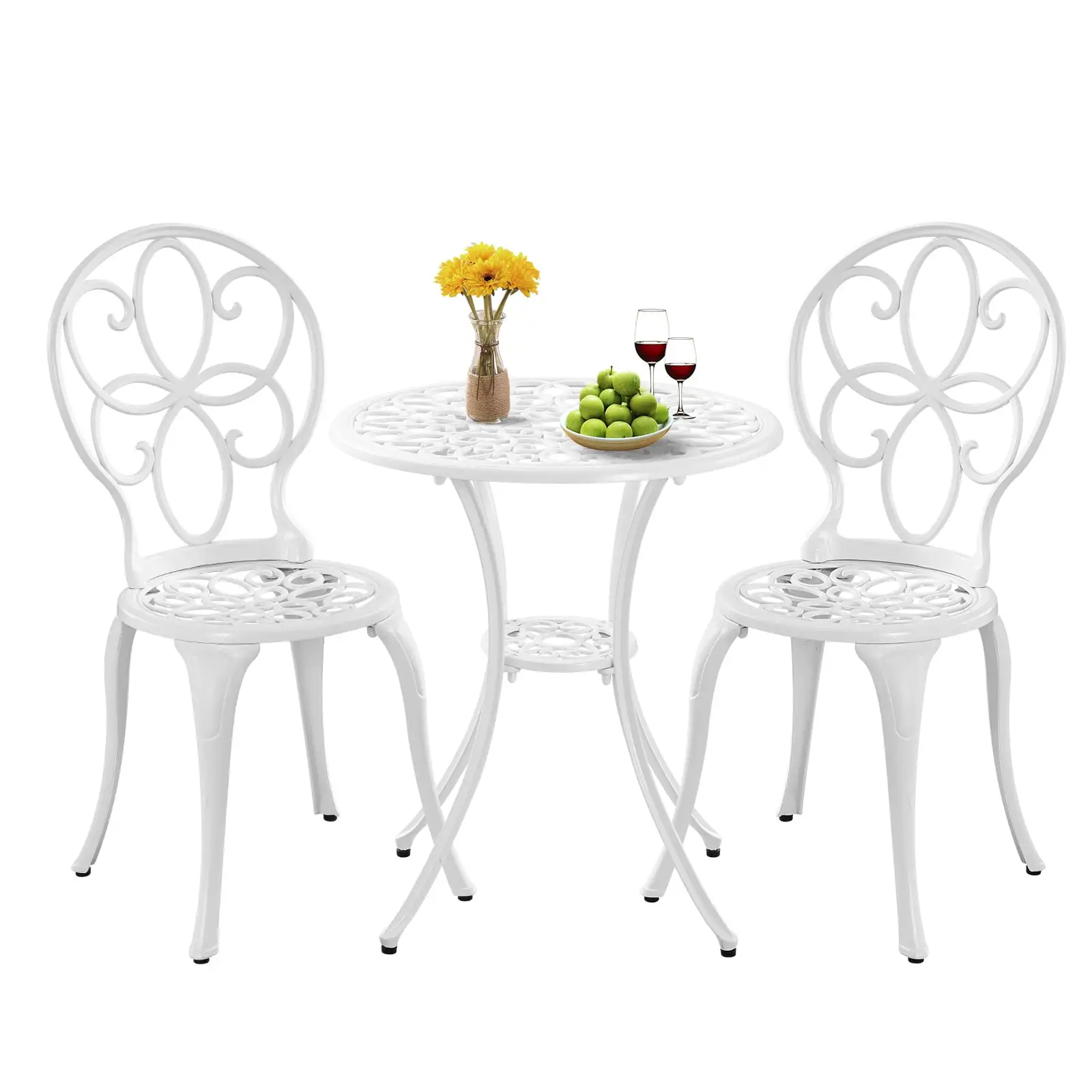 Withniture Bistro Table and Chairs Set of 2. White Metal Patio Bistro Set 3 Piece Outdoor Table Chairs with Umbrella Hole. Cast Aluminum Patio Furniture Set for Garden Porch