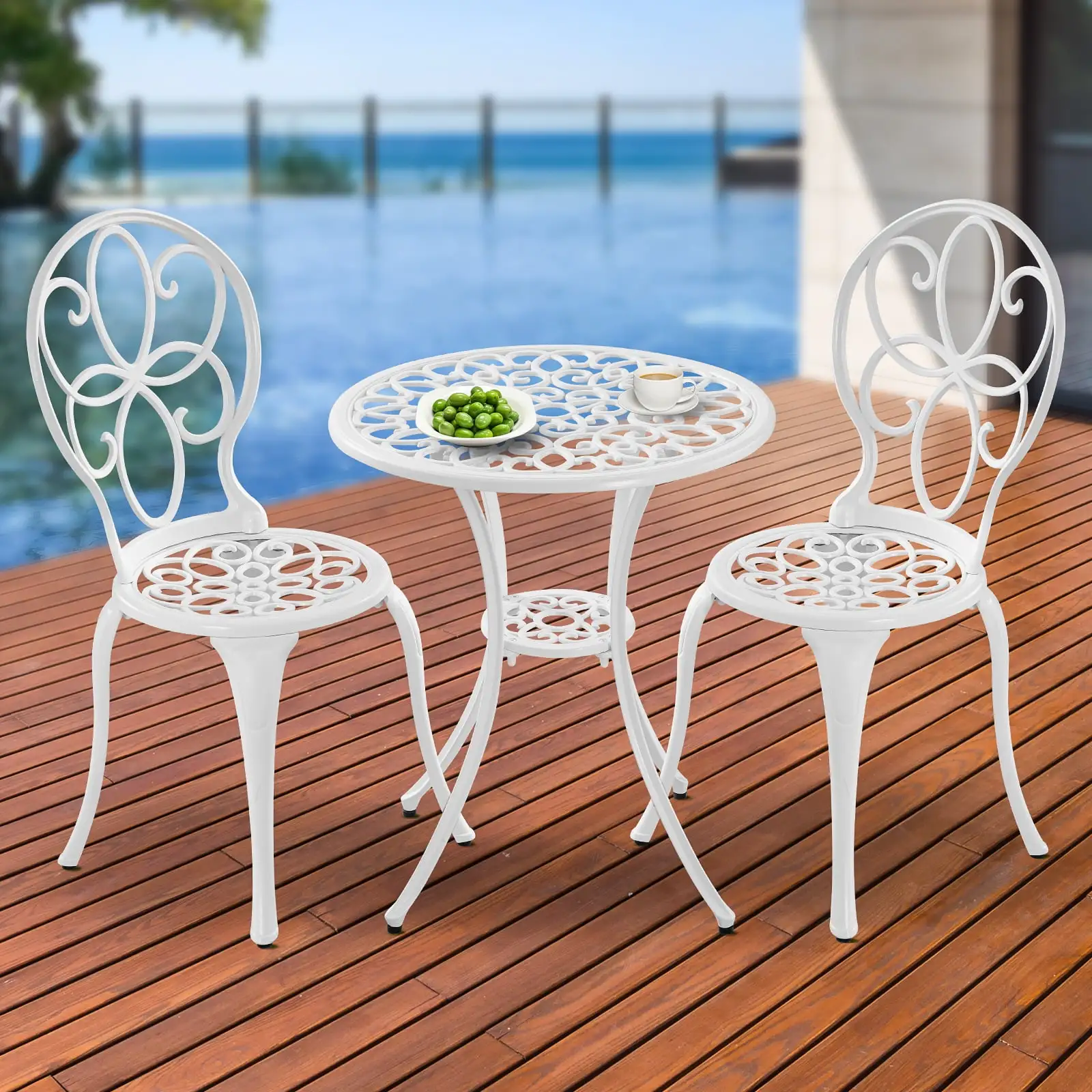 Withniture Bistro Table and Chairs Set of 2. White Metal Patio Bistro Set 3 Piece Outdoor Table Chairs with Umbrella Hole Porch