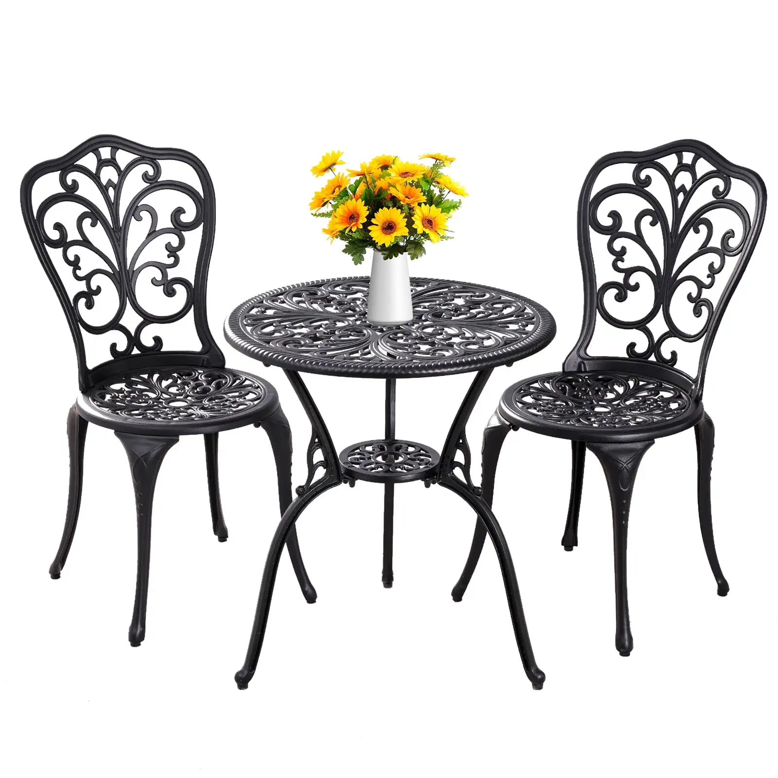 Withniture Outdoor Patio Bistro Sets 3 Piece Bistro Table Set Cast Aluminum Patio Set with Umbrella Hole Black