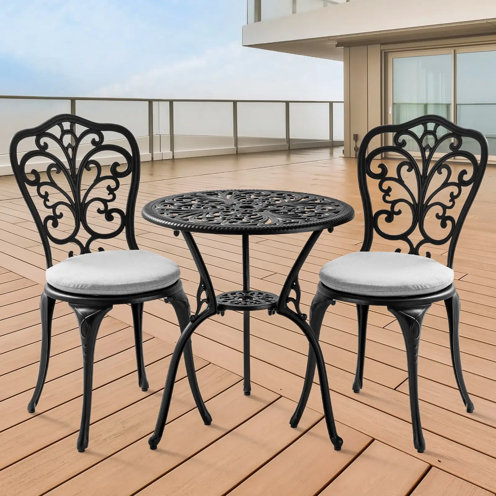 Withniture Patio Bistro Set 3 Piece Outdoor. All Weather Bistro Table and Chairs Set of 2 with Umbrella Hole Black