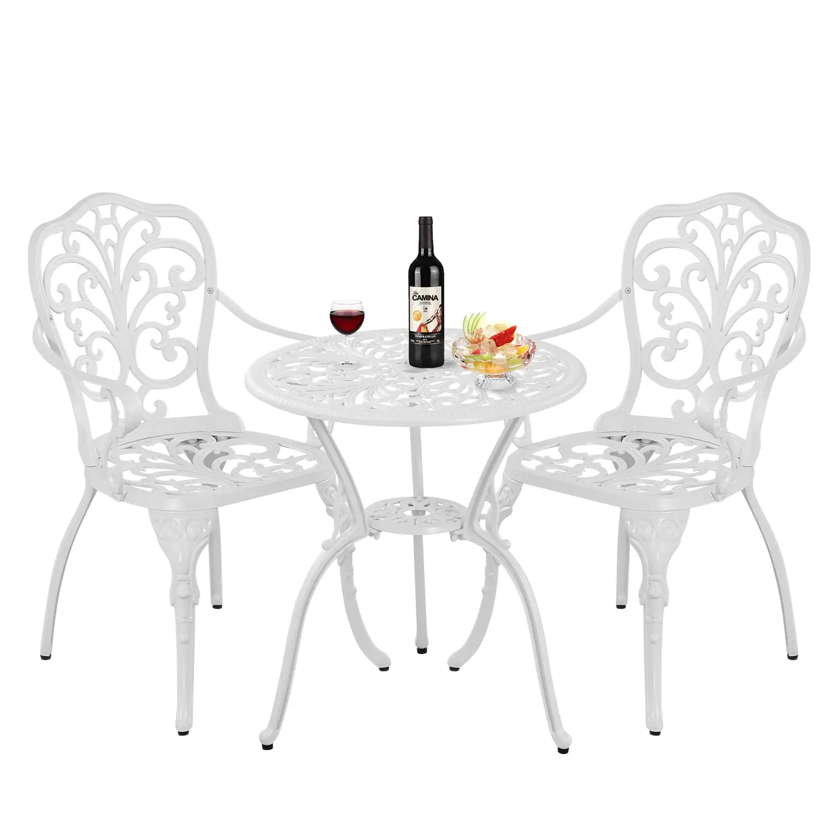 Withniture White Bistro Set Cast All Weather Bistro Table and Chairs Patio Furniture Set with Umbrella Hole