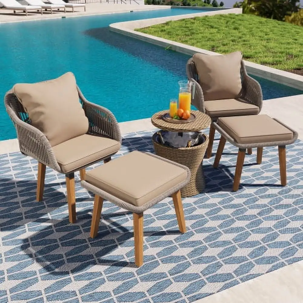 Wohh 5 Pieces Patio Furniture Chair Sets.Patio Conversation Set With Wicker Cool Bar Table.Ottomans.Outdoor Furniture Bistro Sets for Porch.Backyard.Balcony.Poolside Brown