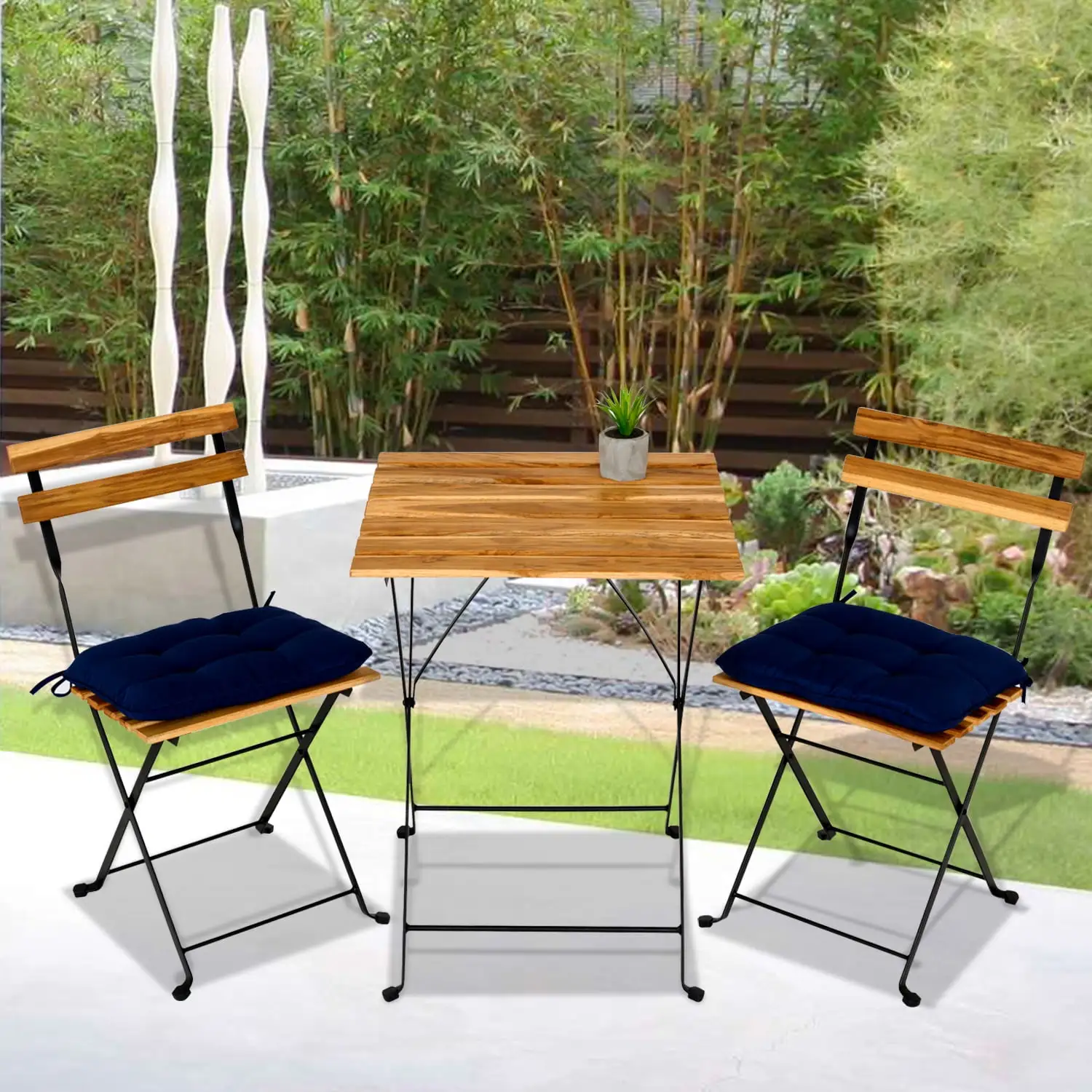 Wood Patio Bistro Set Folding Table Set with 2 Cushioned Chairs for Outside Furniture Patio Set 3Pcs