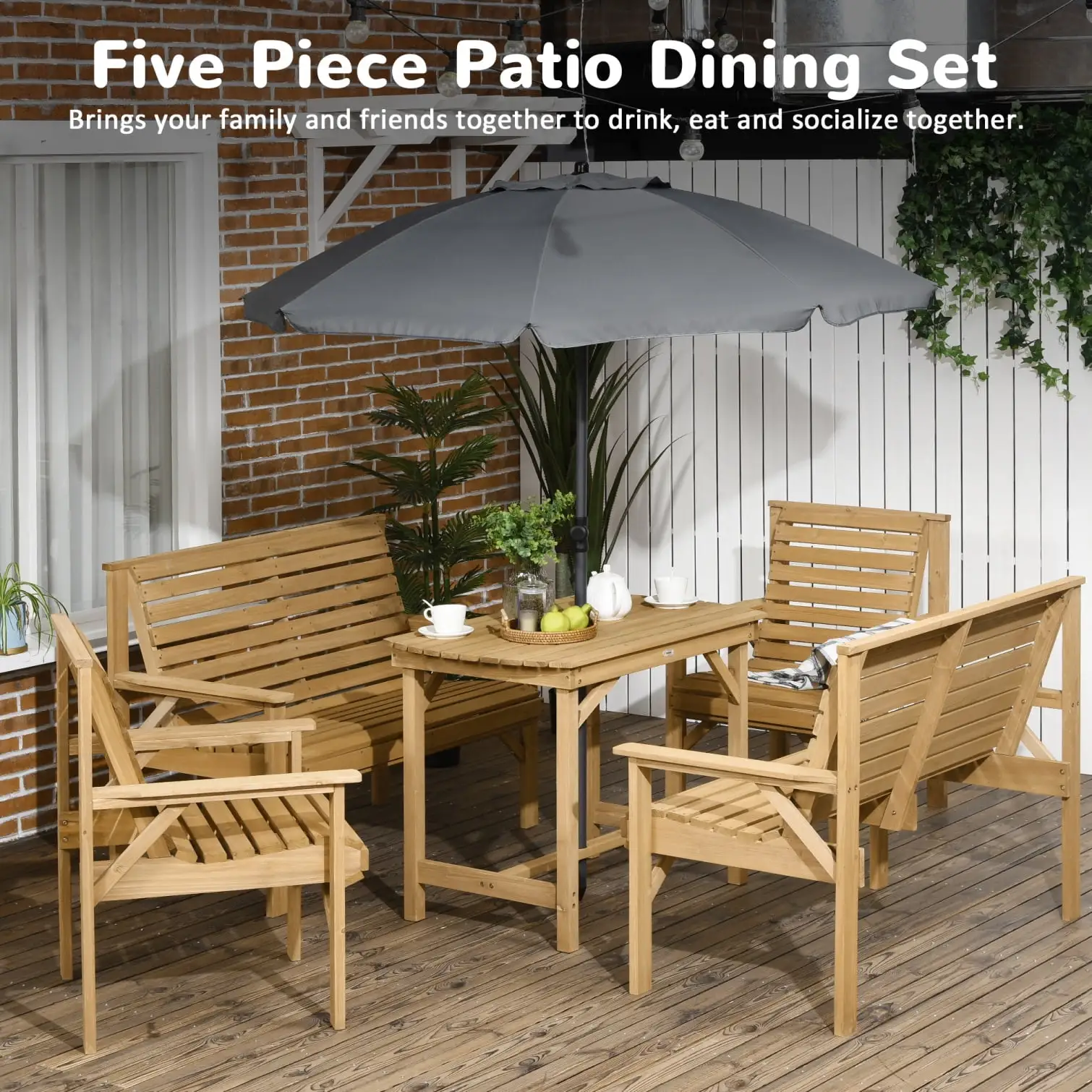 Wooden Patio Dining Table Set for 6. Outdoor Conversation Set with 2 Armchairs. 2 Loveseats. and Dining Table with Umbrella Hole. 5 Piece Patio Furniture Set for Backyard Garden. Light Brown