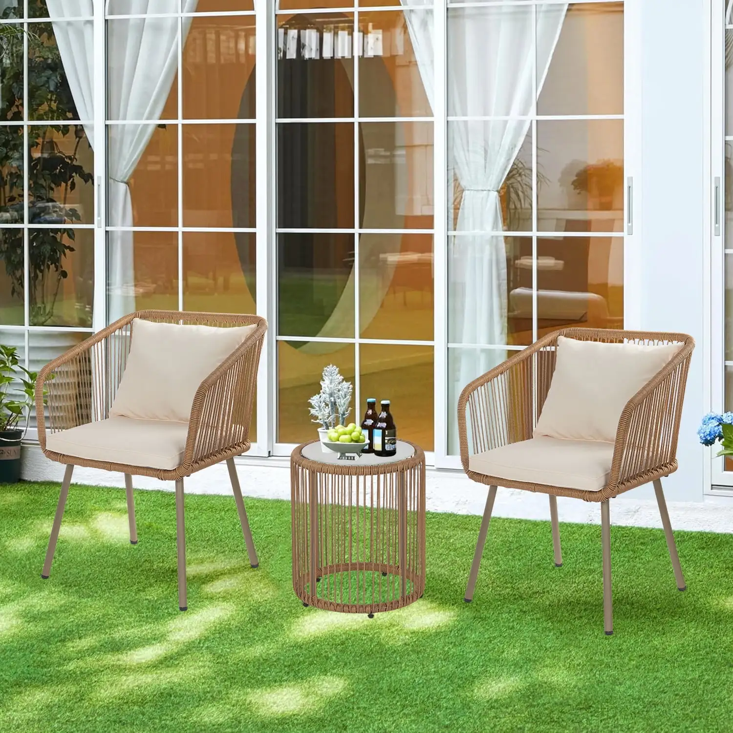 XF XINFENG 3 Piece Patio Furniture Set PE Wicker Bistro Set Conversation Bistro Set with Cushions Lumbar Pillows for Poolside Porch Garden Yard with White