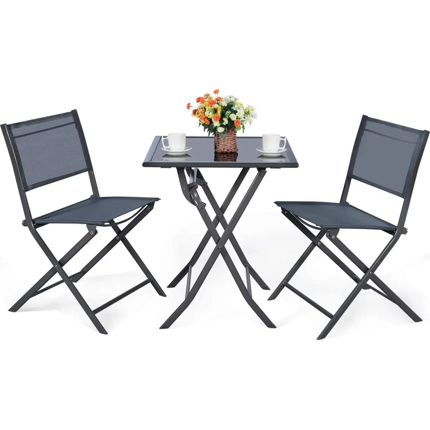 XIYUNDA 3 Pcs Bistro Set. Outdoor Bistro Table Set. Folding Porch Furniture. Metal Patio Dining Table and 2 Chairs. 3 Pieces Portable Patio Bistro Set for Garden Backyard Lawn