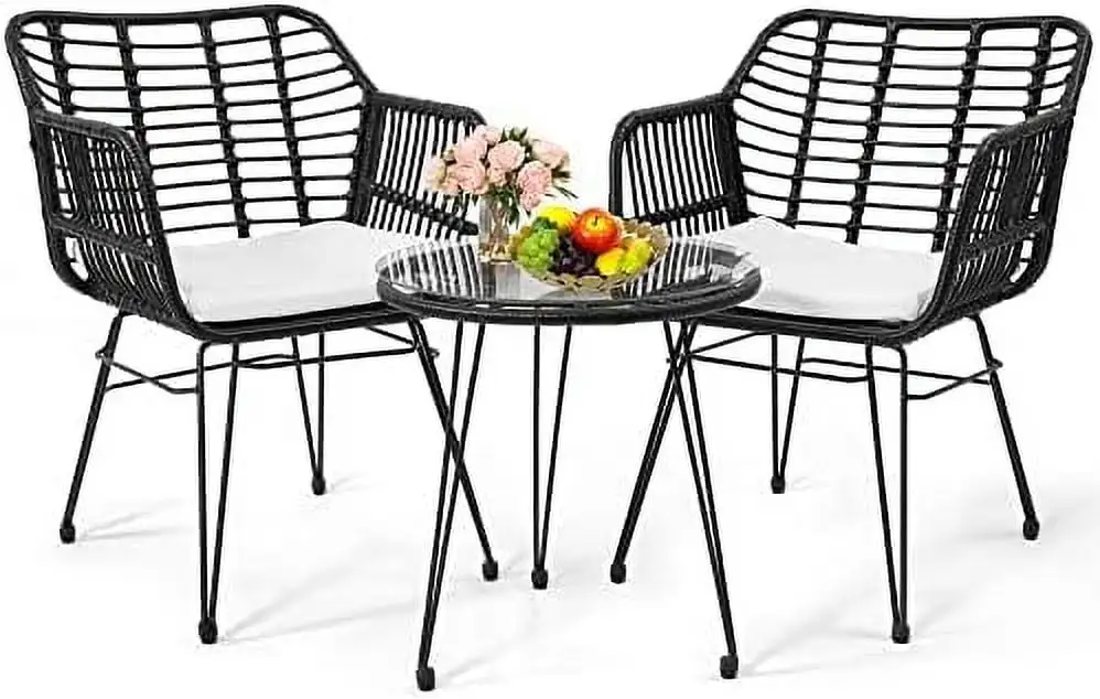 YFENGBO 3 Piece Wicker Patio Bistro Set Includes 2 Chairs and Glass Top Table Ideal for Porch Outdoor Backyard Apartment Balcony Natural Color