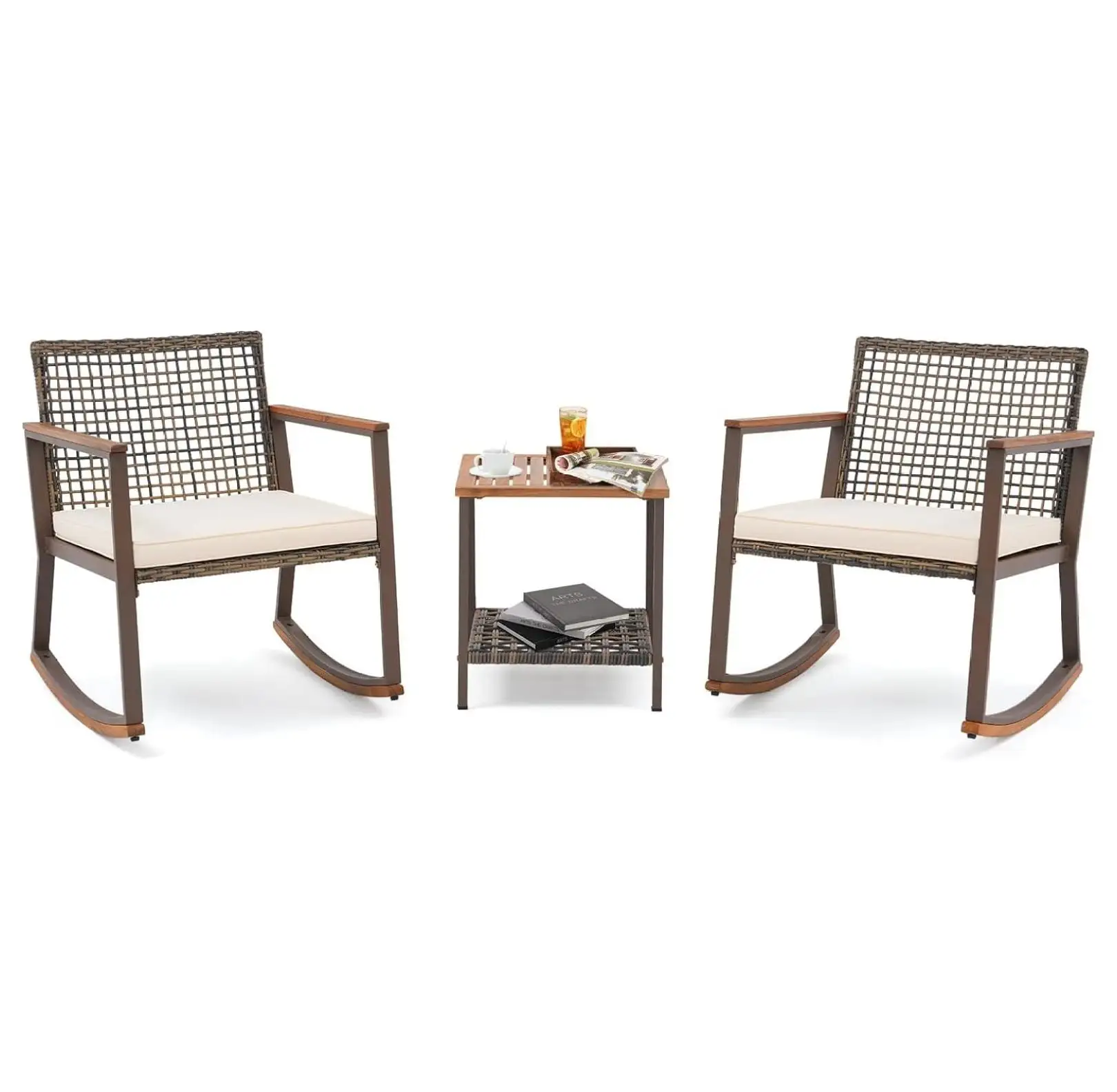 YHJPiu 3 Pieces Rocking Bistro Set. Outdoor Conversation Bistro Chairs and Table Set with Wood Armrest and Soft Cushions. Small Porch Set Balcony Set for Garden. Patio. Yard