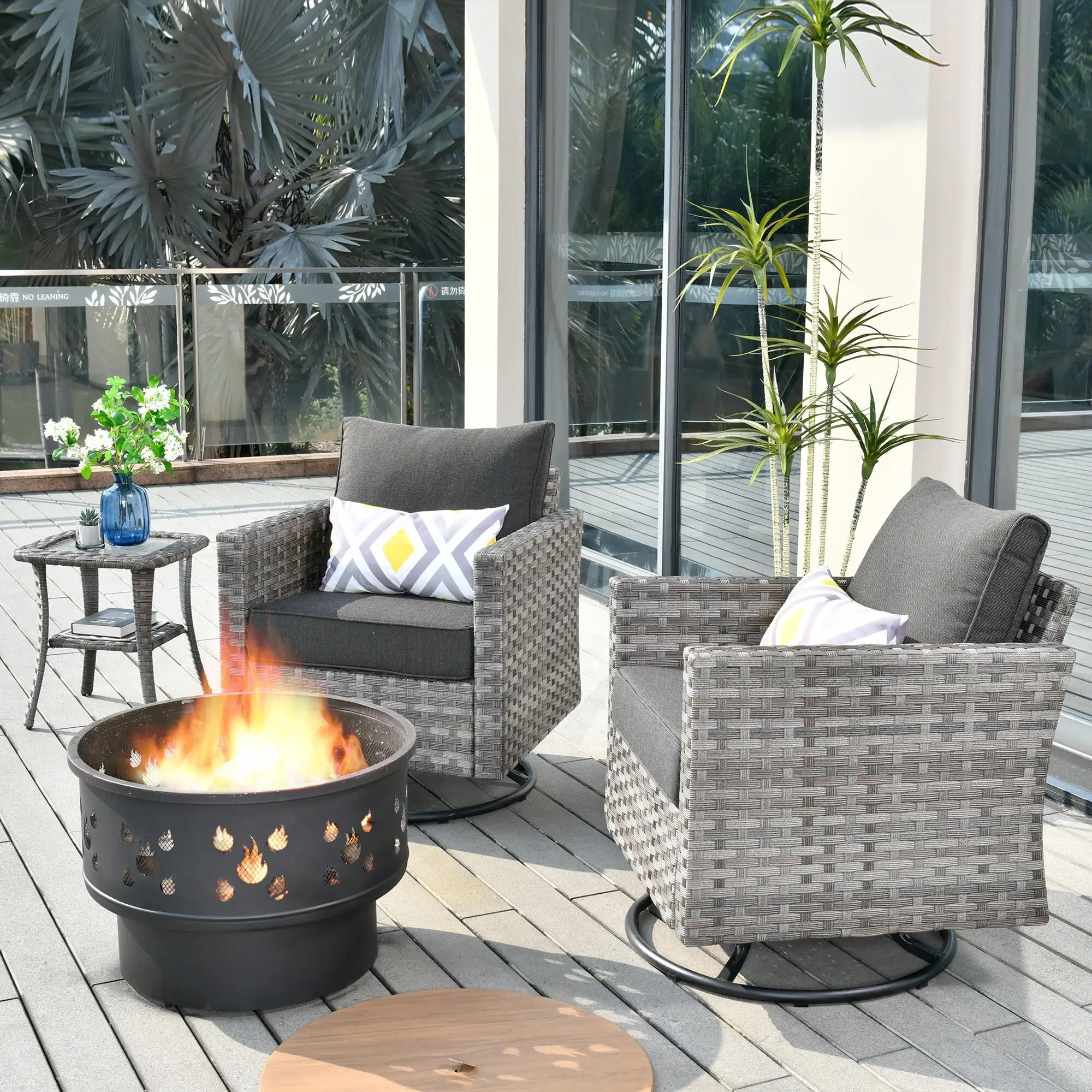 YMBRS900-3B XIZZI 4-Piece Outdoor Furniture Swivel Rockers with Wood Burning Firepit Black