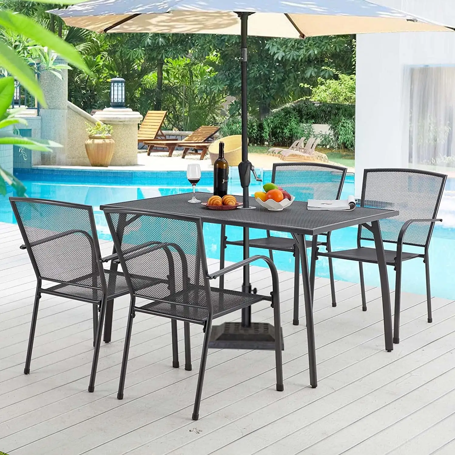 YODOLLA 5-Piece Metal Outdoor Patio Dining Set. Outdoor Metal Dining Table Set with Rectangular Table and 4 Stackable Arm Chairs.Patio Dining Bistro Set for Garden. Backyard. Balcony.Dark Gray