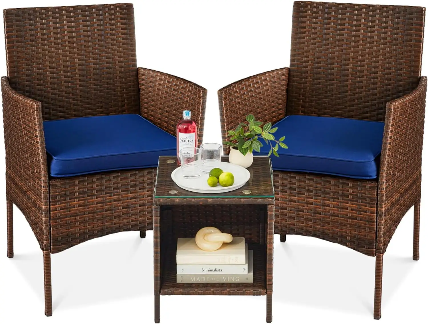 YOJFOTOU 3-Piece Outdoor Wicker Conversation Bistro Set. Space Saving Patio Furniture for Yard. Garden w/ 2 Chairs. 2 Cushions. Side Storage Table - Brown/Navy