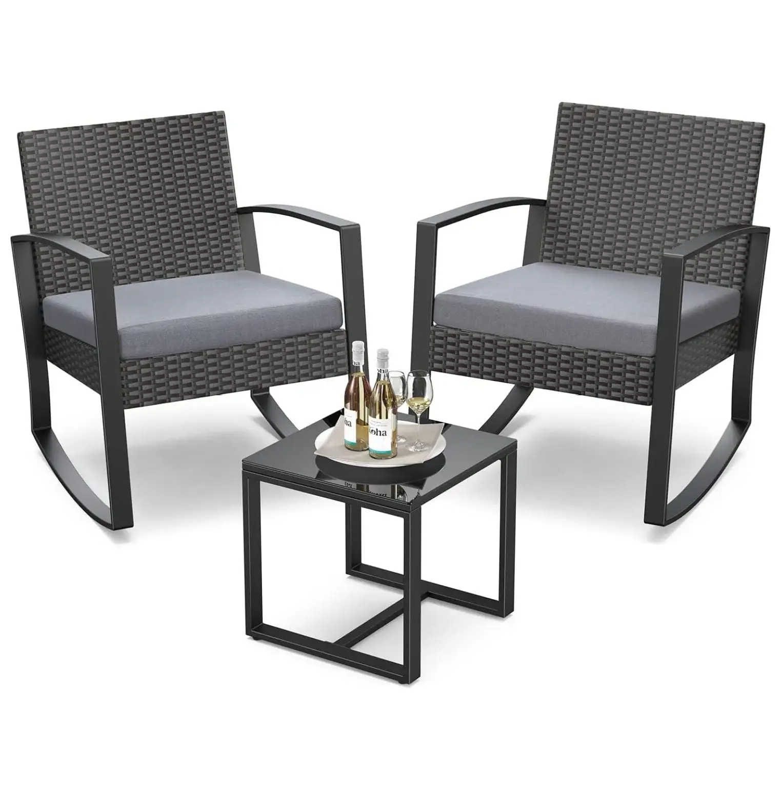 YOSITiuu 3 Pieces Patio Furniture Set Rocking Bistro Set Outdoor Rattan Conversation with Coffee Table for Garden Balcony Backyard Poolside (Grey Cushion)