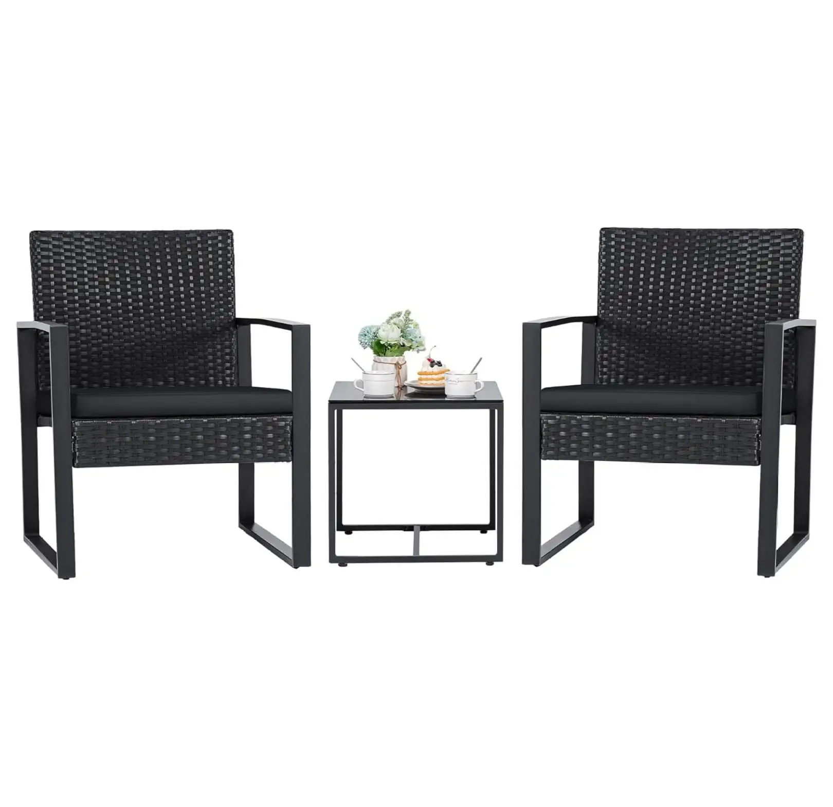 YOSITiuu 3 Pieces Patio Set Outdoor Wicker Furniture Sets Modern Rattan Chair Conversation Sets with Coffee Table for Yard and Bistro (Black)