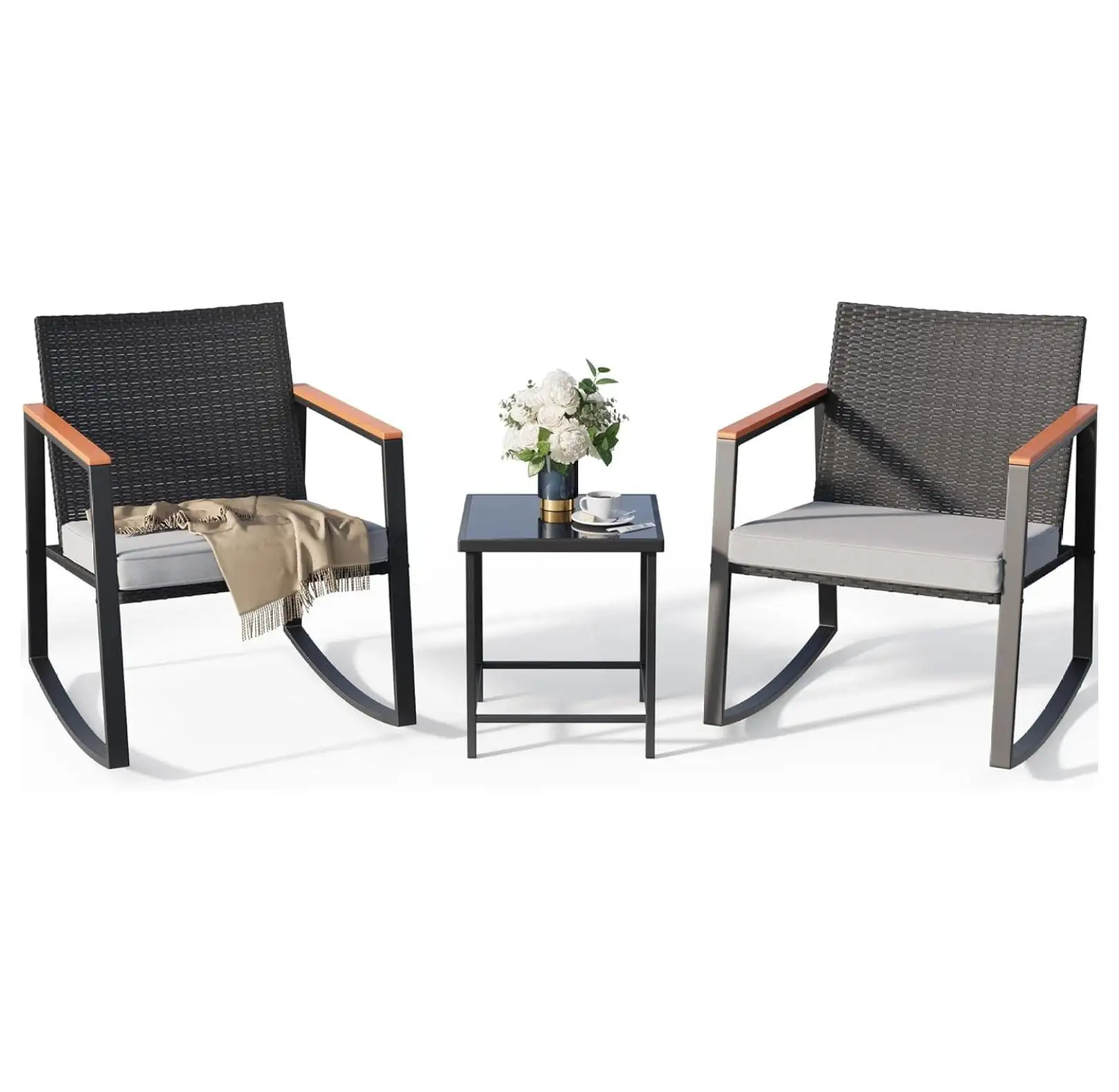 YOSITiuu 3 Pieces Rocking Patio Bistro Set with Anti-Scald Armrest. Outdoor Patio Wicker Furniture Set with Glass Table and Cushion for Garden. Yard. Porch