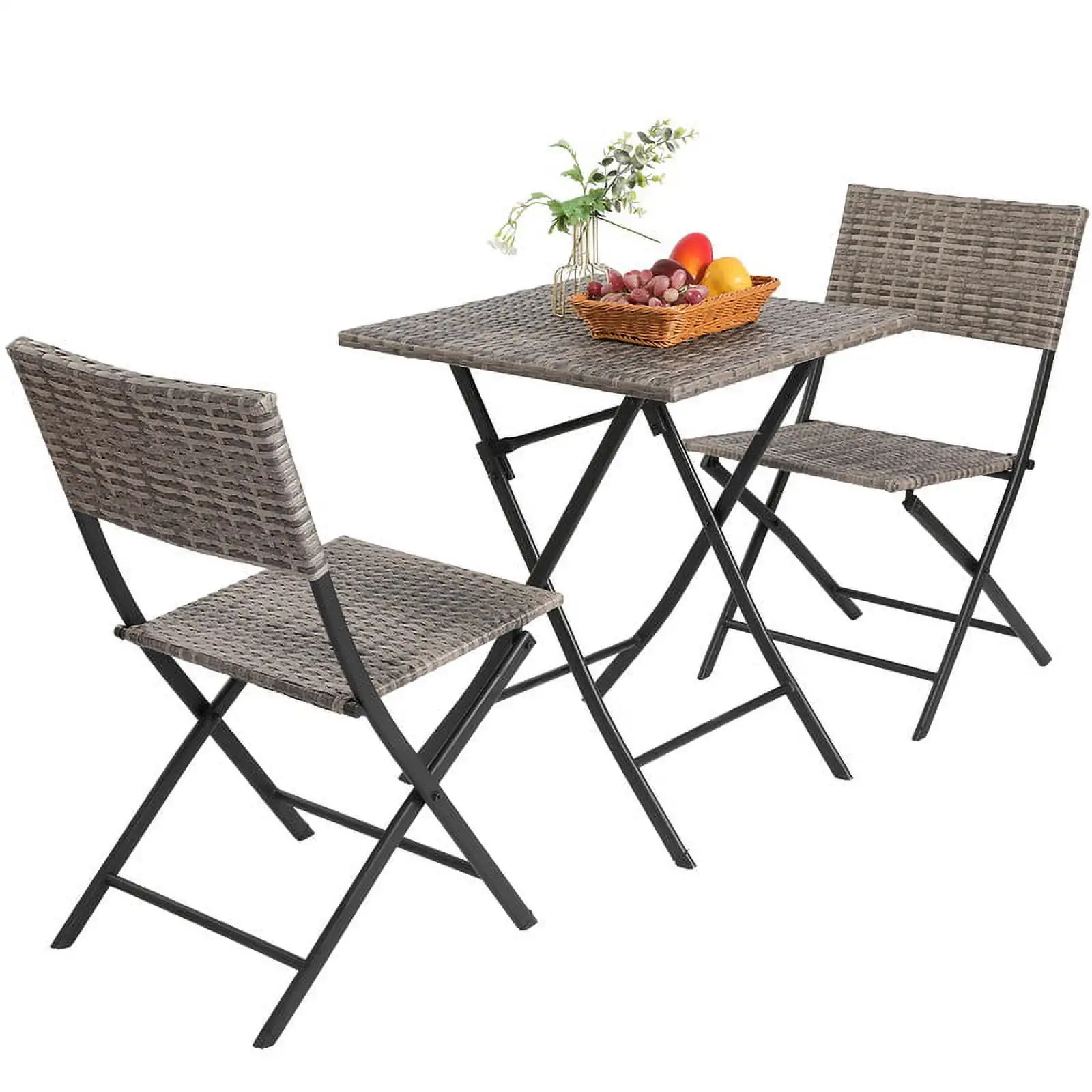 YUKOOL 3 Pcs Folding Patio Bistro Set.Weather Resistant Outdoor Rattan Furniture Set.Rattan Patio Conversation Set with 1 Table & 2 Chairs