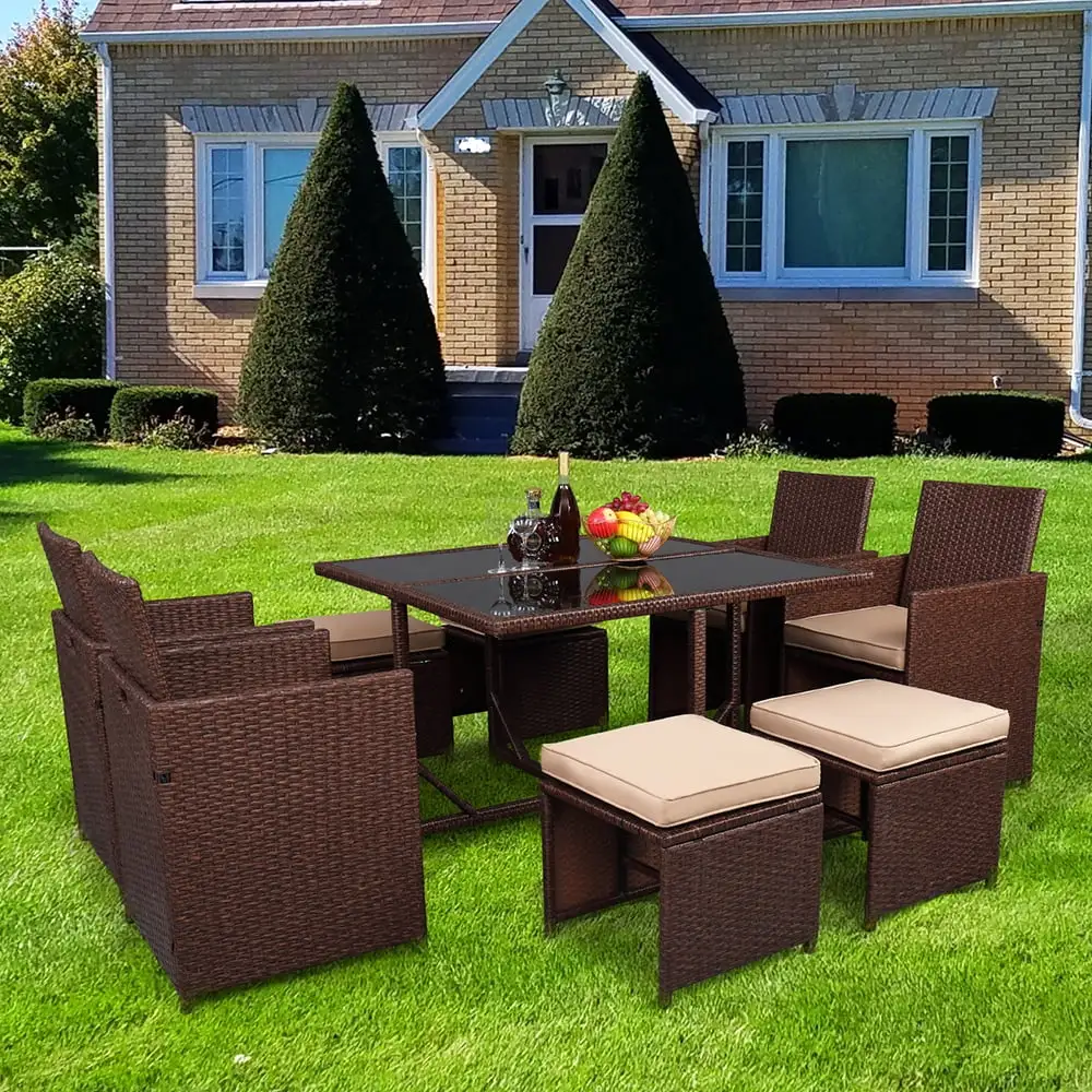 YYAo Conversation Chairs Set. Garden Conversation Table Set. Brown Wood Grain Rattan 9-Piece Dining Table And Chairs Set Khaki 5cm Sofa Cushion 2 Pieces Of Glass