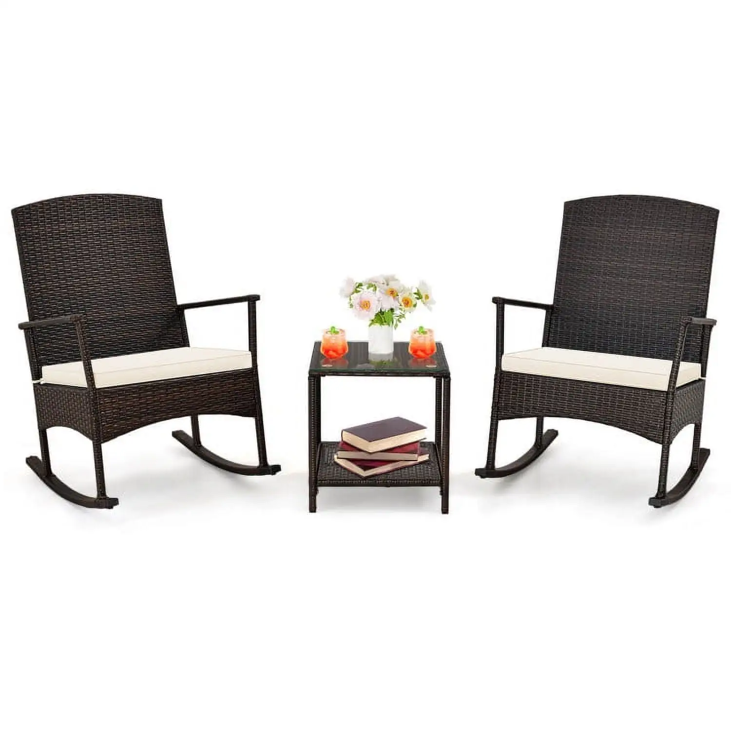 YYAo Outdoor Bistro Set. Outdoor Conversation Sets. 3 Piece Patio Rocking Set Wicker Rocking Chairs with 2-Tier Coffee Table-Off White