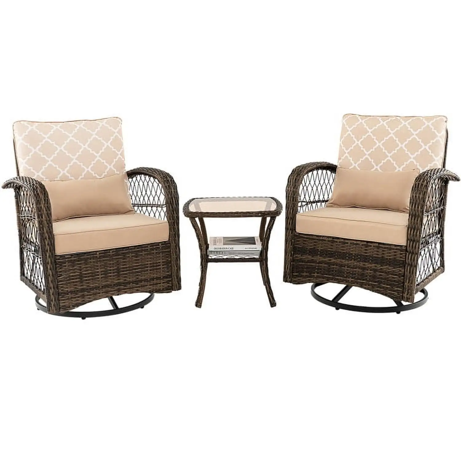 YYAo Outdoor Bistro Set. Outdoor Conversation Sets. 3 Pieces Outdoor Wicker Conversation Set with Tempered Glass Coffee Table-Beige