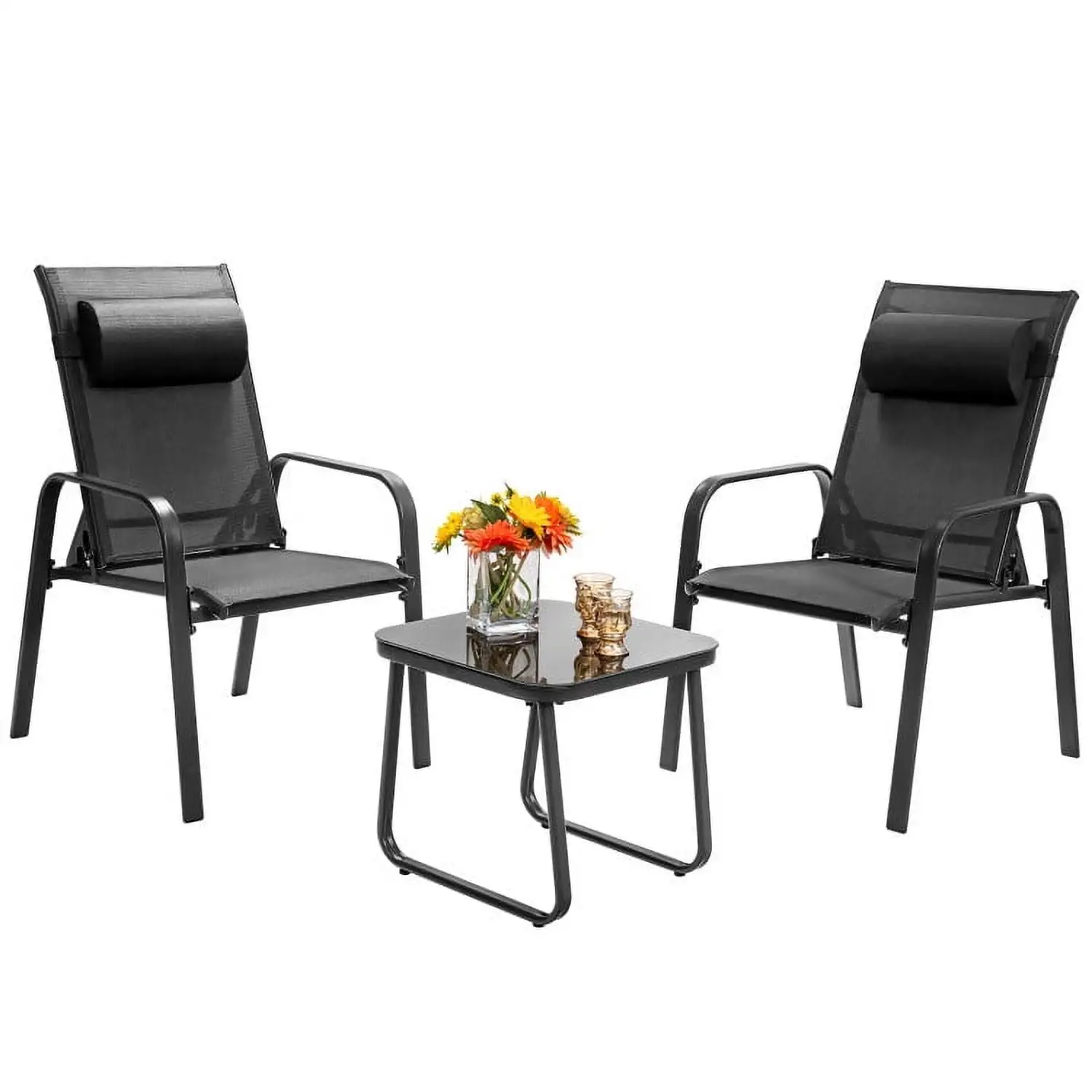 YYAo Outdoor Bistro Set. Outdoor Conversation Sets. 3 Pieces Patio Bistro Furniture Set with Adjustable Backrest-Black