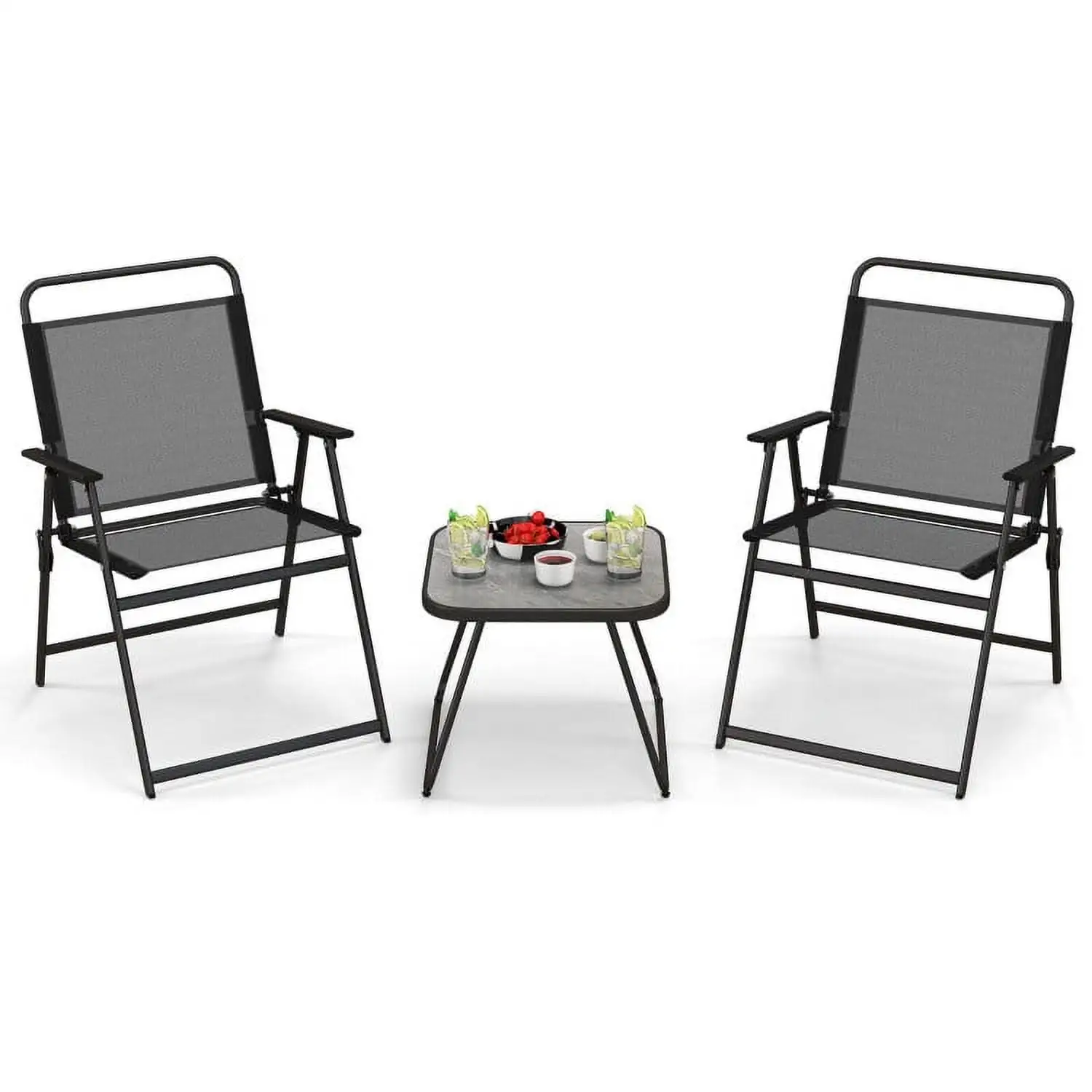 YYAo Outdoor Bistro Set. Outdoor Conversation Sets. 3 Pieces Patio Folding Conversation Chairs and Table-Black