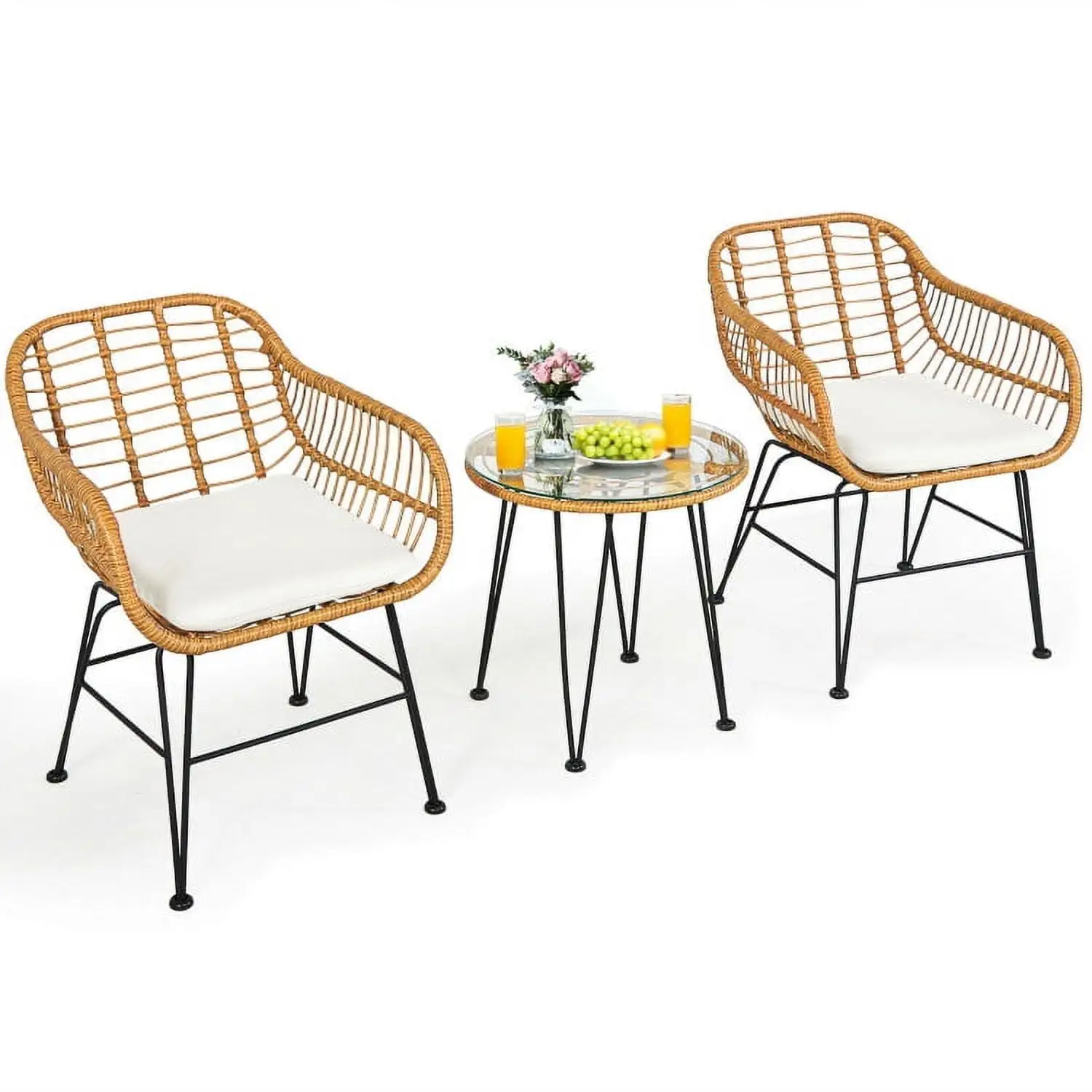 YYAo Outdoor Bistro Set. Outdoor Conversation Sets. 3 Pieces Rattan Furniture Set with Cushioned Chair Table-White