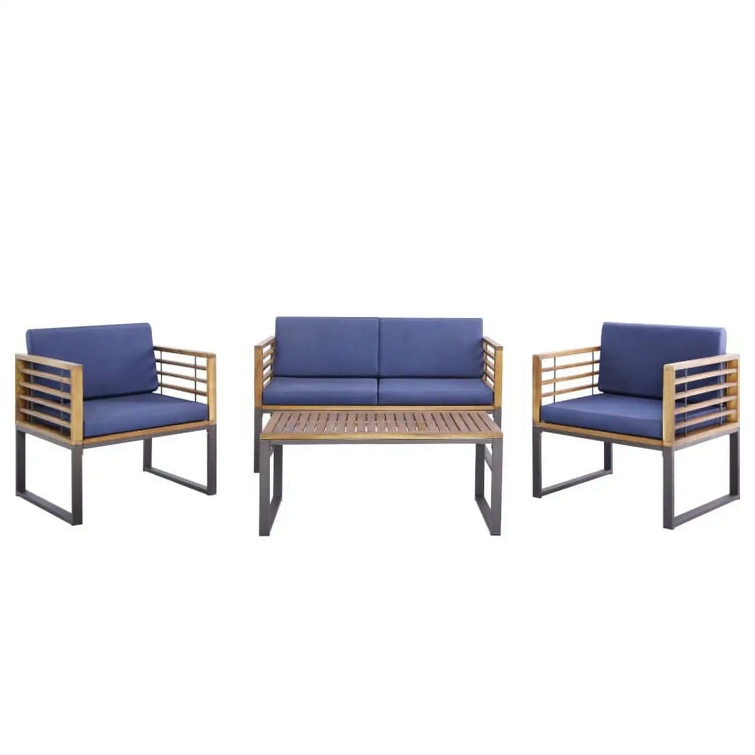 YYAo Outdoor Bistro Set. Outdoor Conversation Sets. 4 Piece Patio Acacia Wood Conversation Set with Soft Seat-Navy