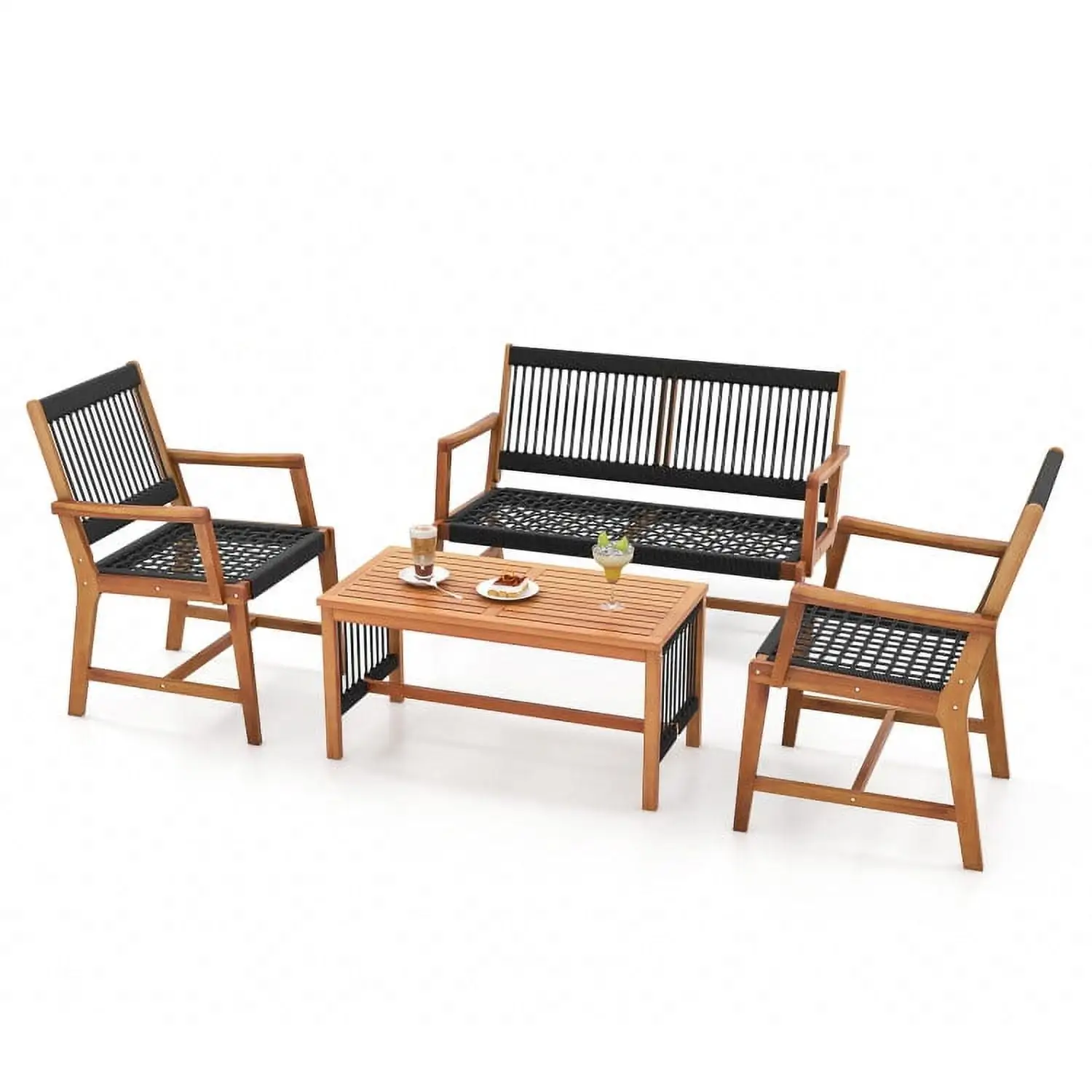 YYAo Outdoor Bistro Set. Outdoor Conversation Sets. 4 Pieces Acacia Wood Patio Conversation Table and Chair Set with Hand Woven Rope