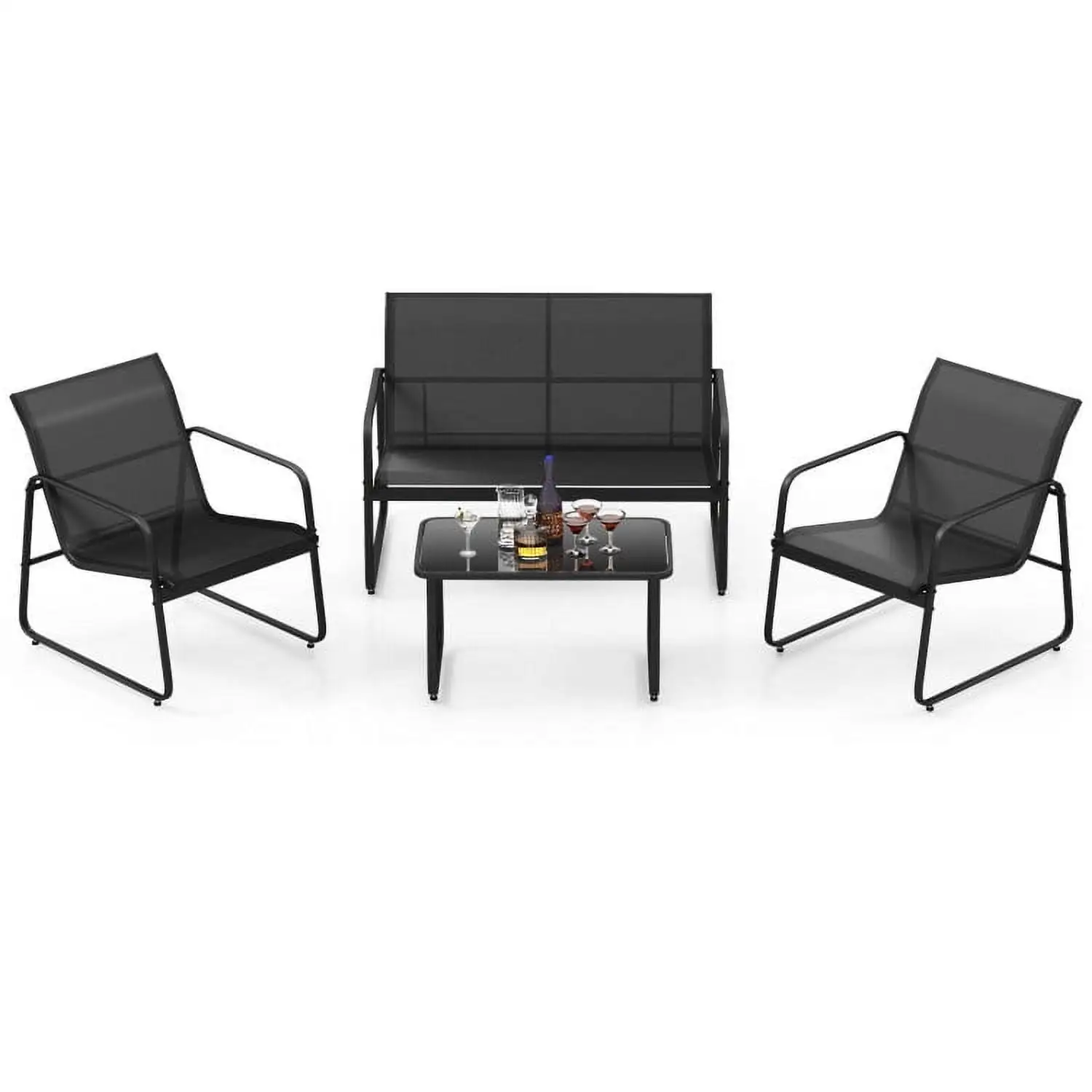 YYAo Outdoor Bistro Set. Outdoor Conversation Sets. 4 Pieces Outdoor Conversation Set with Tempered Glass Coffee Table-Black